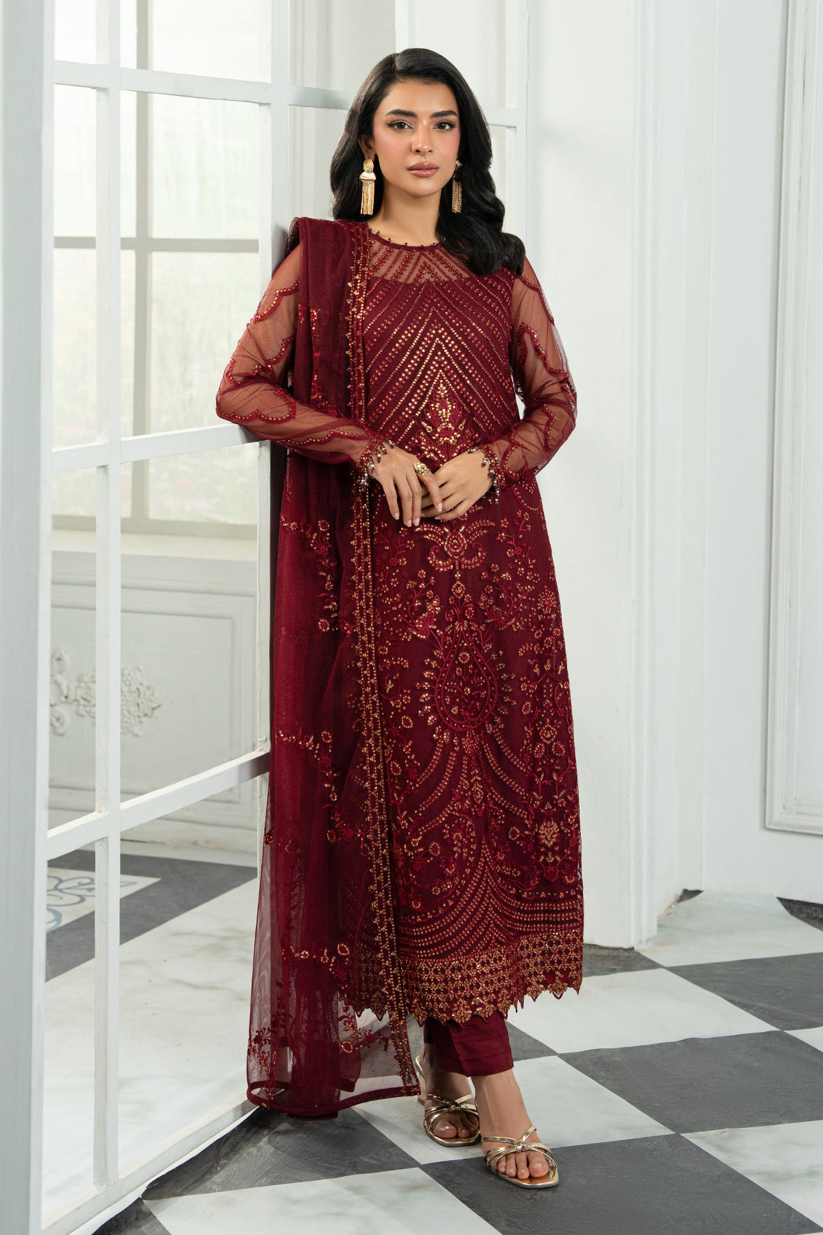 Deep Maroon Sequin Embroidered Net Salwar Kameez (3-Piece) - Image 4