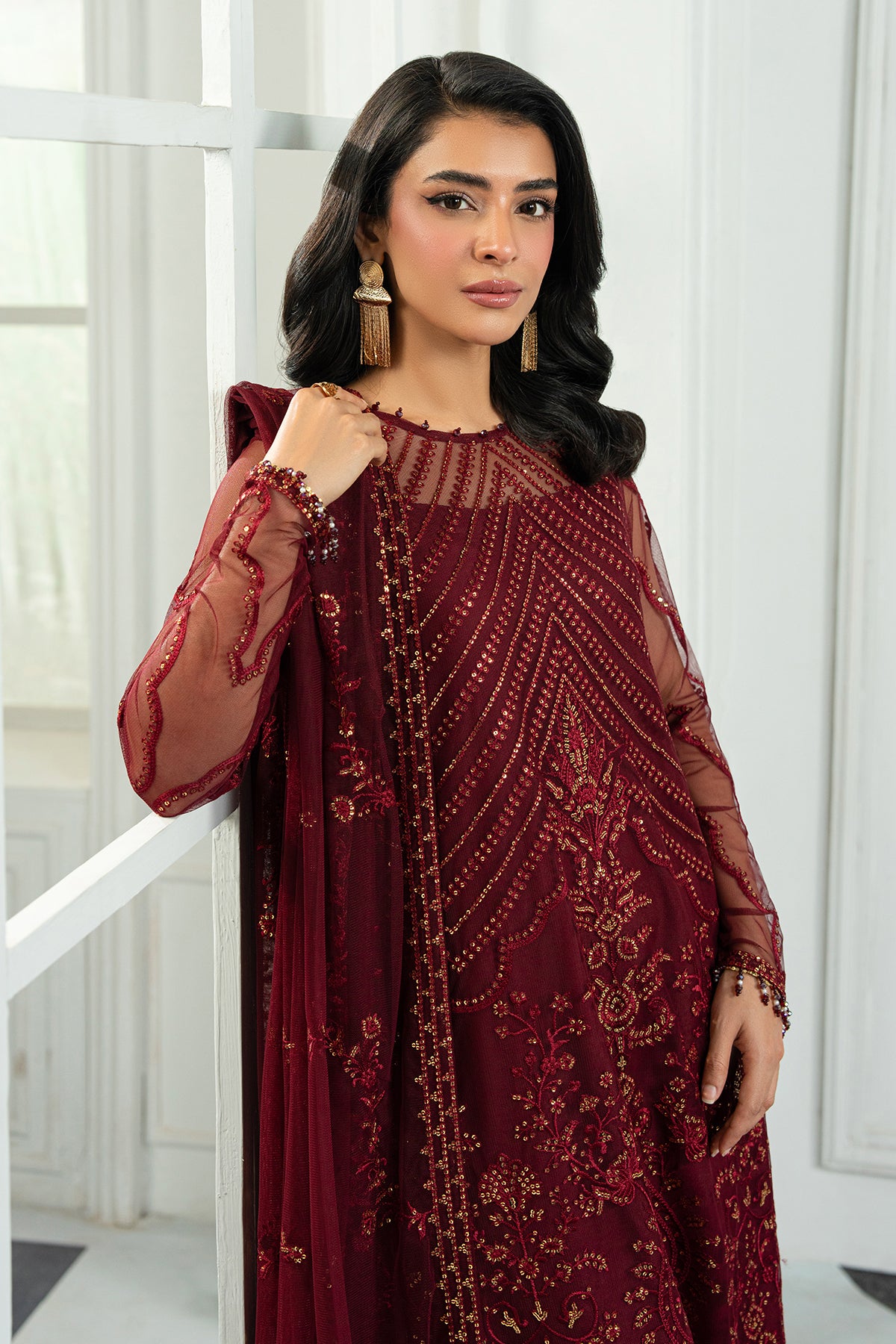 Deep Maroon Sequin Embroidered Net Salwar Kameez (3-Piece) - Image 5