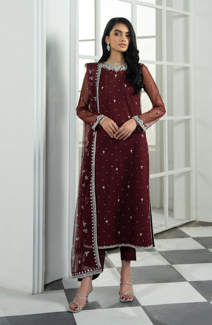 Pakistani Deep Maroon Hand-Embellished Net Salwar Kameez (3-Piece) - Image 1