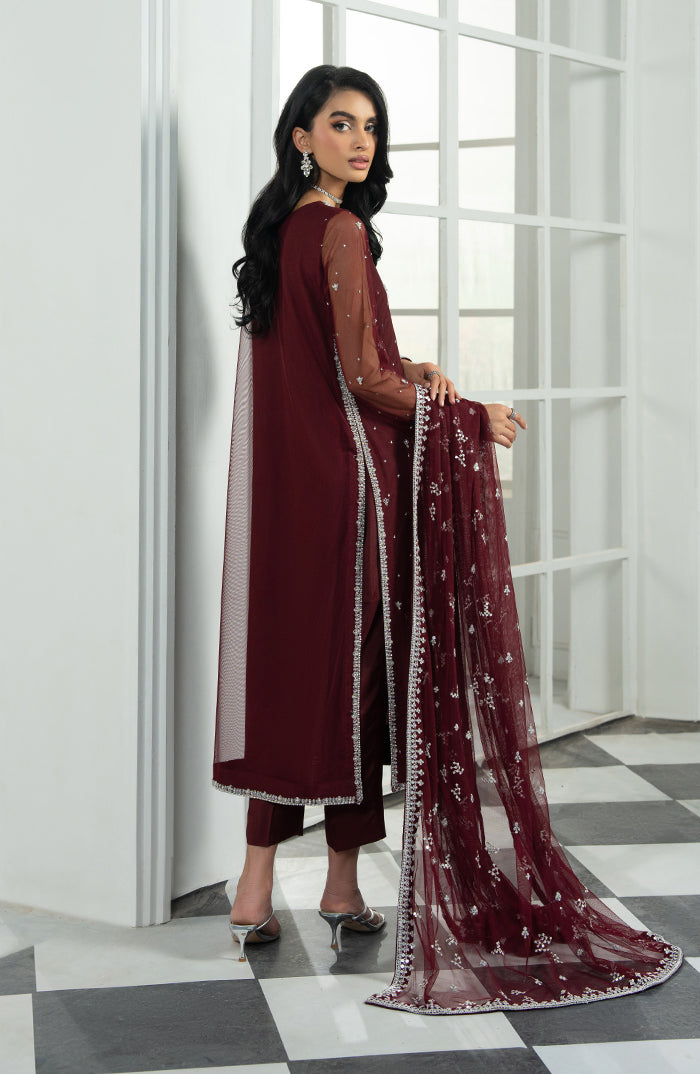 Pakistani Deep Maroon Hand-Embellished Net Salwar Kameez (3-Piece) - Image 2