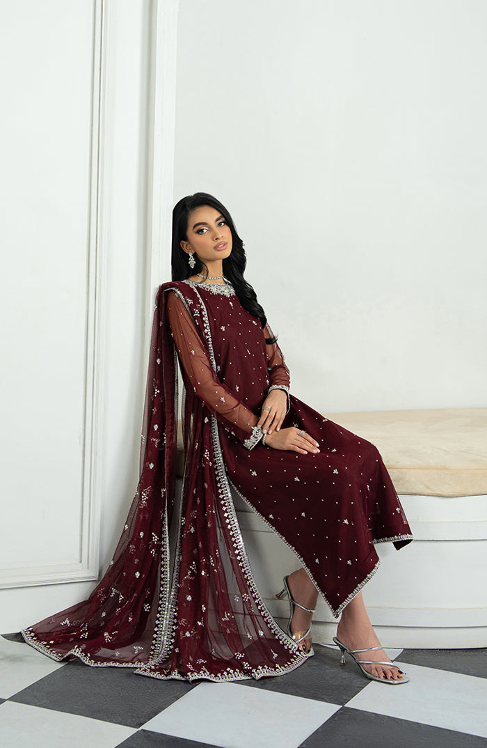 Pakistani Deep Maroon Hand-Embellished Net Salwar Kameez (3-Piece) - Image 3