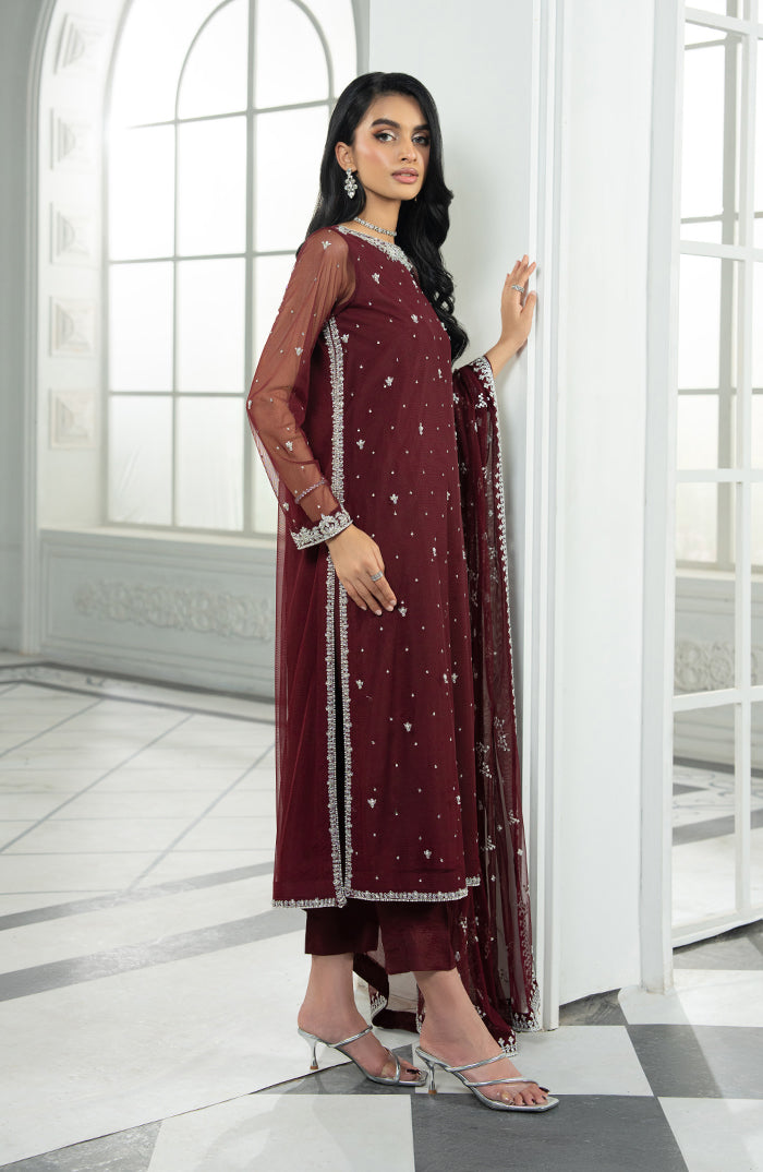 Pakistani Deep Maroon Hand-Embellished Net Salwar Kameez (3-Piece) - Image 4
