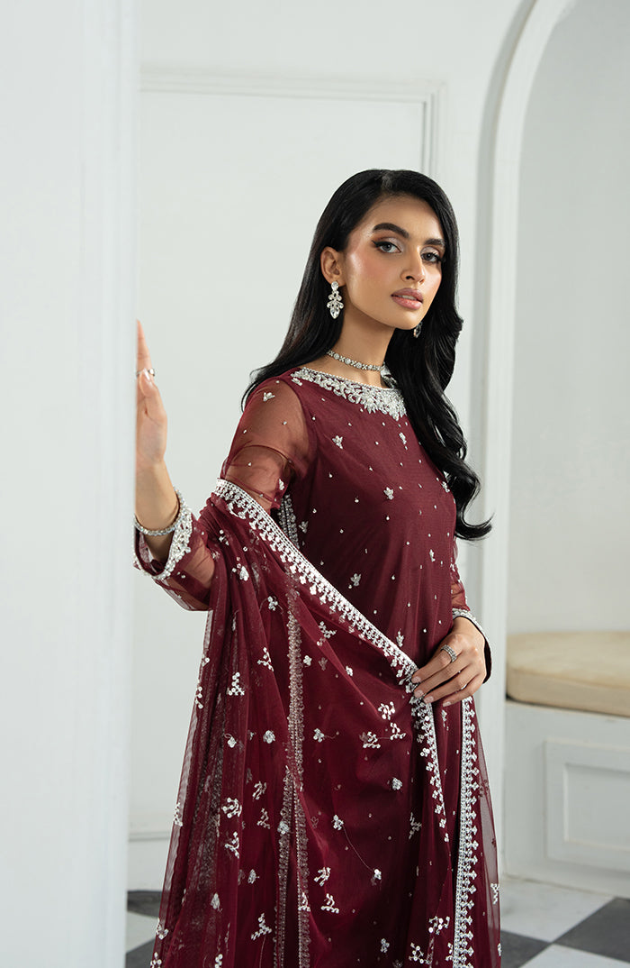 Pakistani Deep Maroon Hand-Embellished Net Salwar Kameez (3-Piece) - Image 5