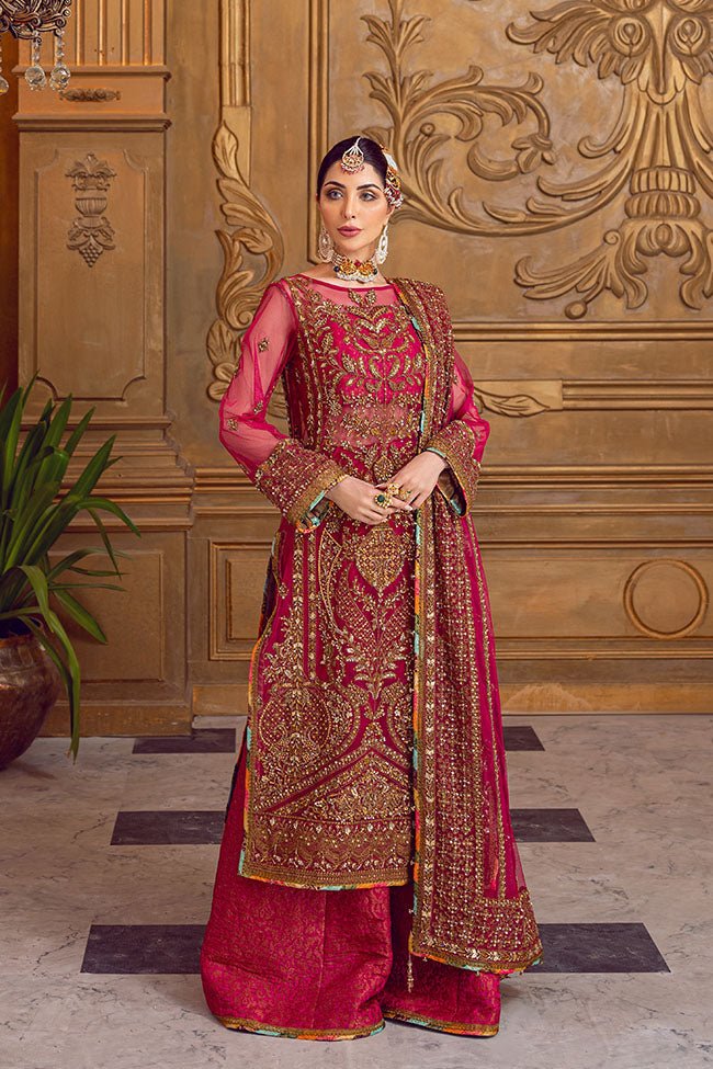 Pakistani Wine Zardozi Net & Jamawar Bridal Salwar Kameez (3-Piece) - Image 1