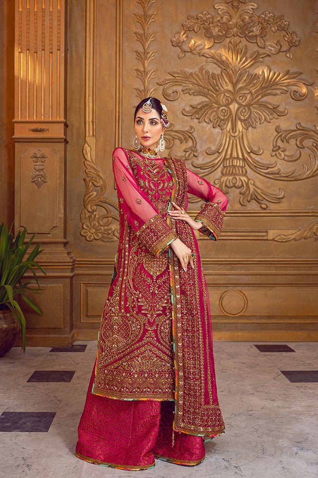 Pakistani Wine Zardozi Net & Jamawar Bridal Salwar Kameez (3-Piece) - Image 3