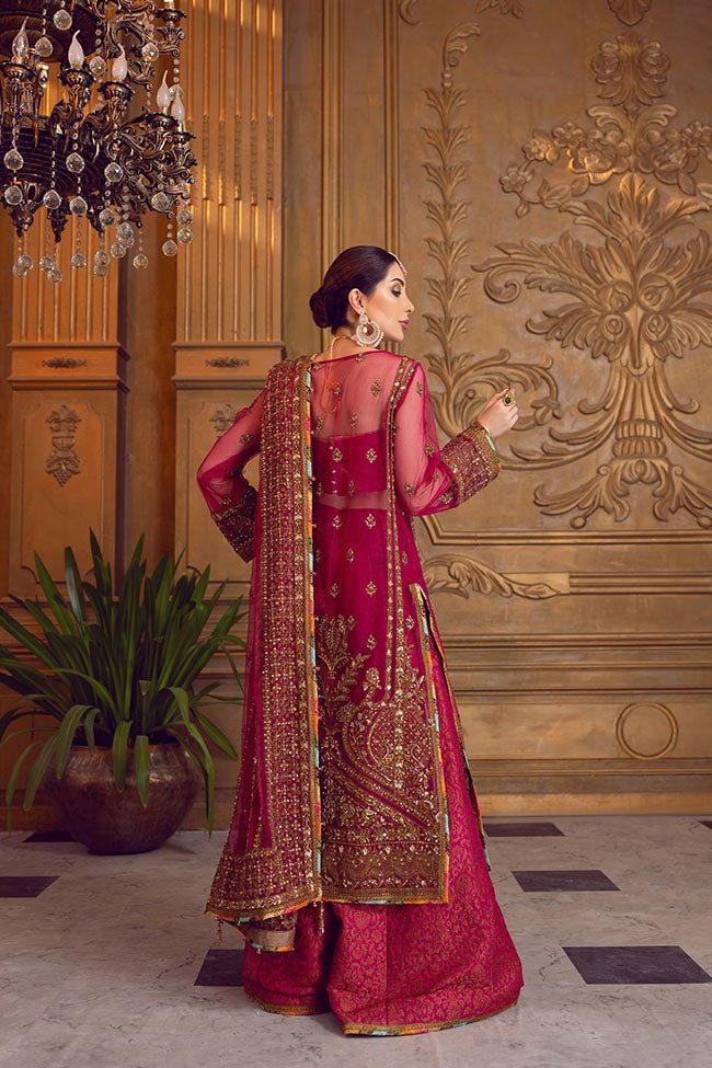 Pakistani Wine Zardozi Net & Jamawar Bridal Salwar Kameez (3-Piece) - Image 4