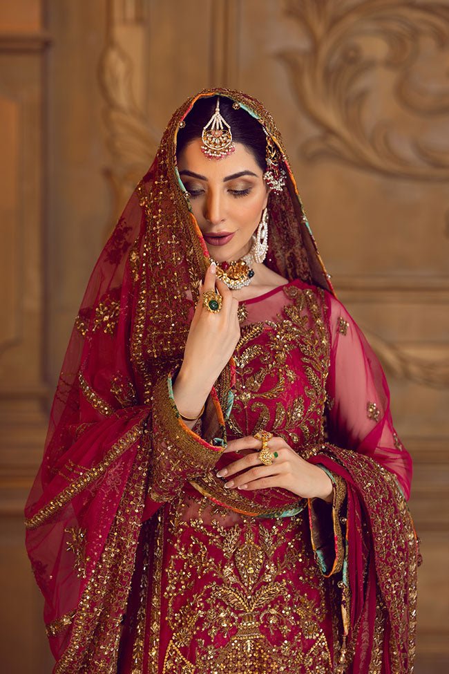 Pakistani Wine Zardozi Net & Jamawar Bridal Salwar Kameez (3-Piece) - Image 5