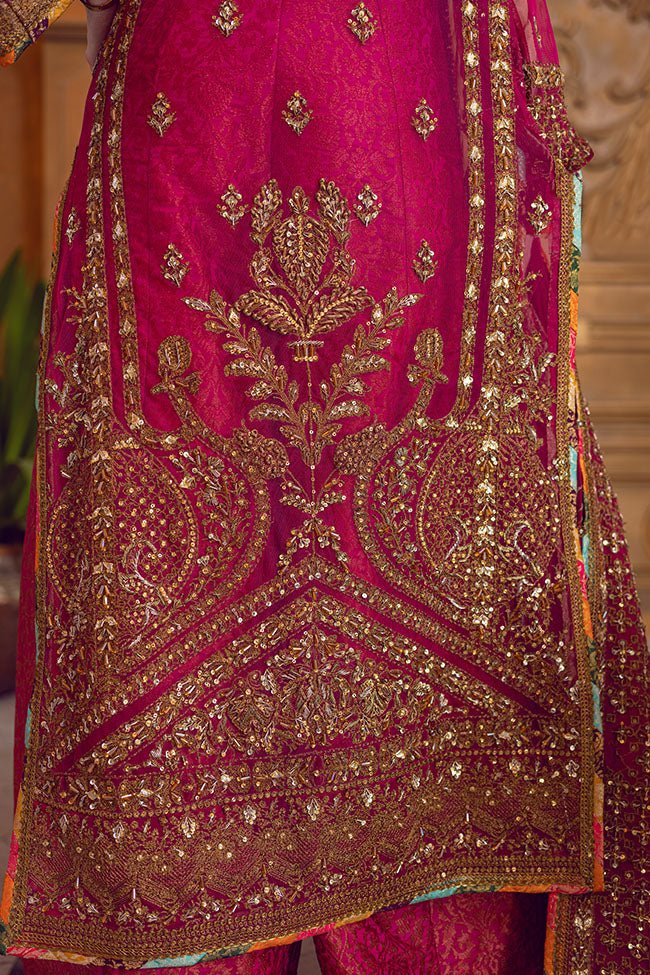 Pakistani Wine Zardozi Net & Jamawar Bridal Salwar Kameez (3-Piece) - Image 6