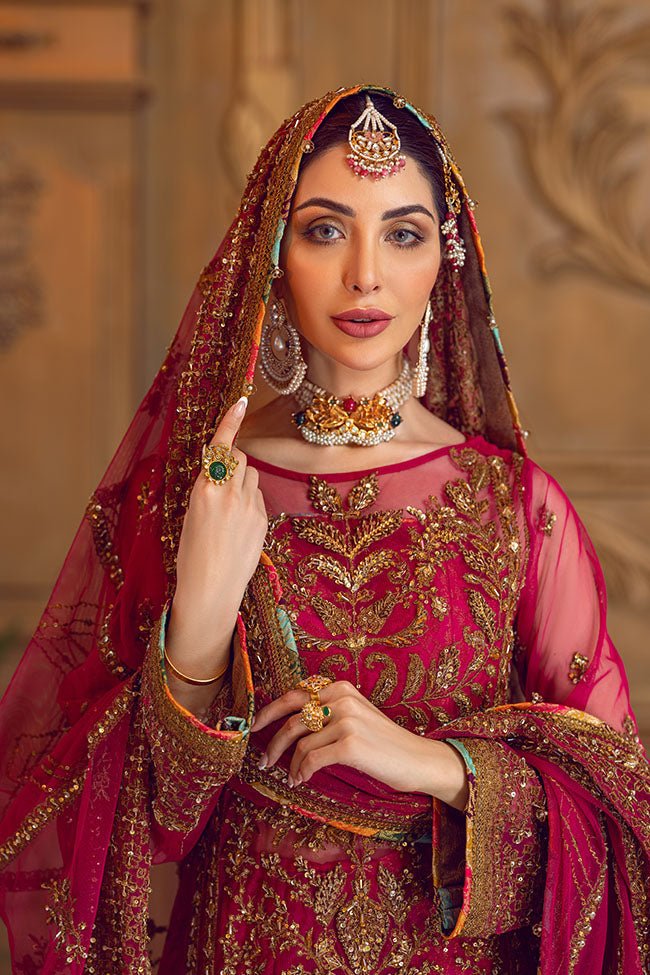 Pakistani Wine Zardozi Net & Jamawar Bridal Salwar Kameez (3-Piece) - Image 7