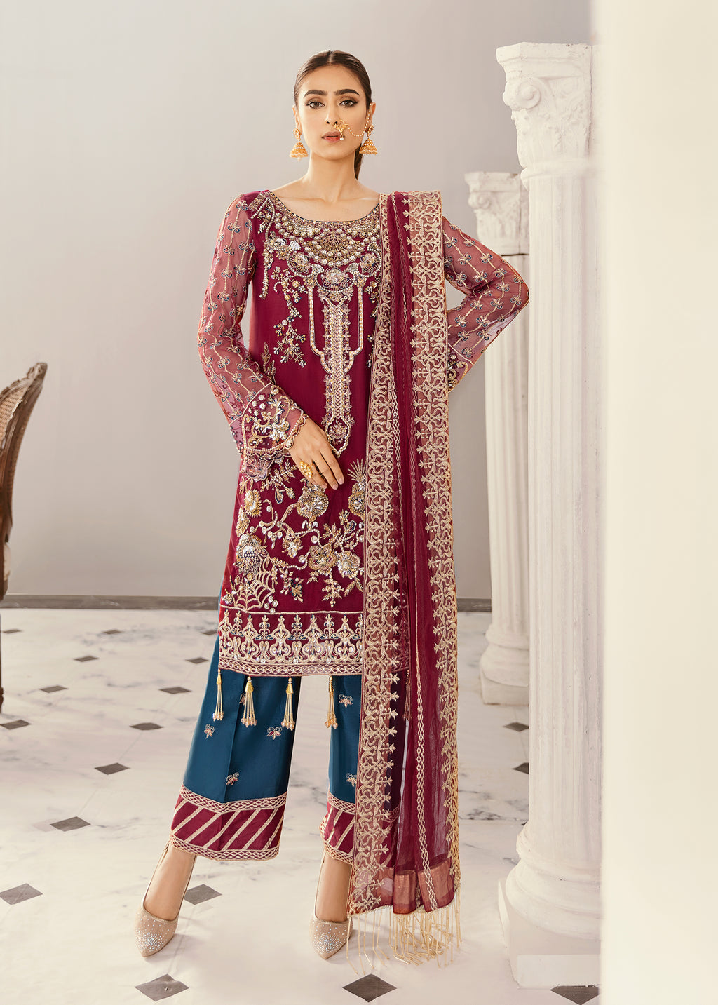 Pakistani Deep Maroon Hand-Embellished Net Salwar Kameez (3-Piece) - Image 1