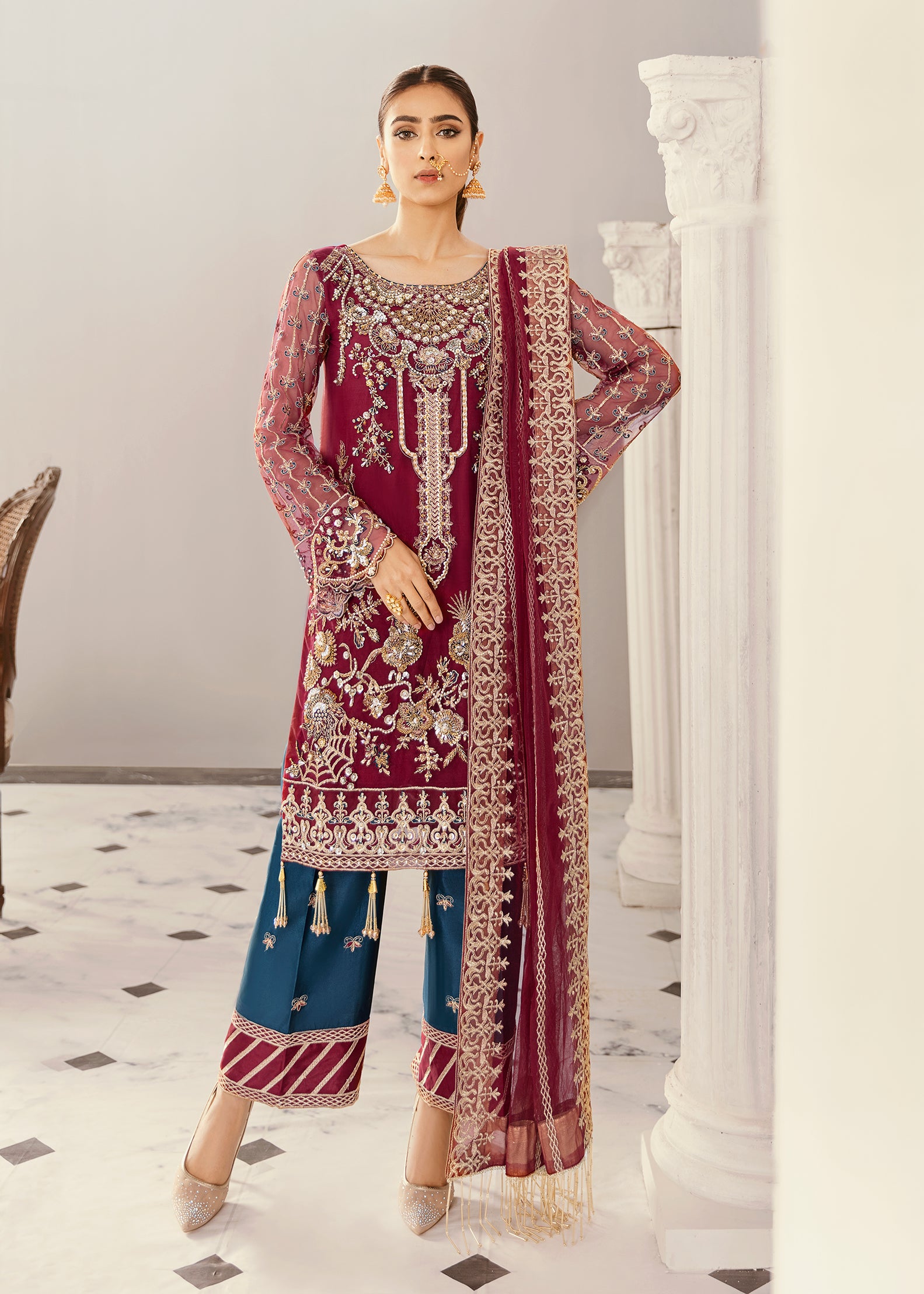 Pakistani Deep Maroon Hand-Embellished Net Salwar Kameez (3-Piece) - Image 2