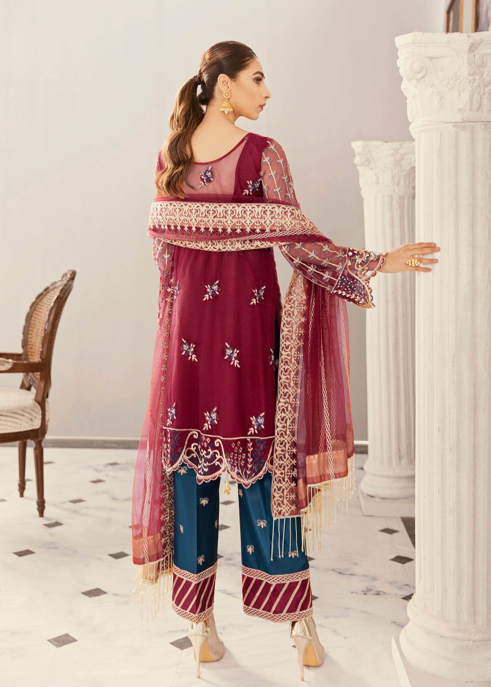 Pakistani Deep Maroon Hand-Embellished Net Salwar Kameez (3-Piece) - Image 3
