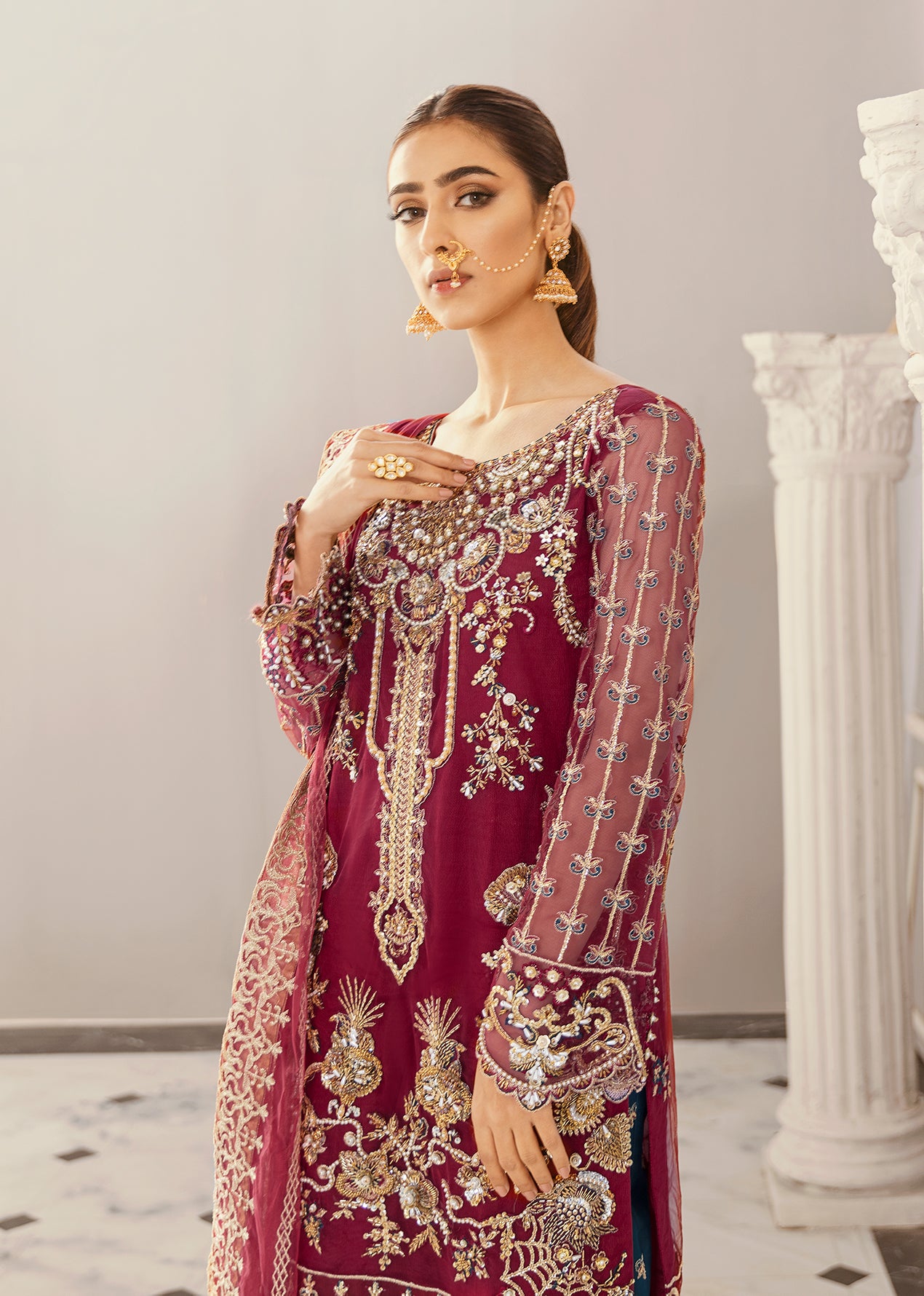 Pakistani Deep Maroon Hand-Embellished Net Salwar Kameez (3-Piece) - Image 4