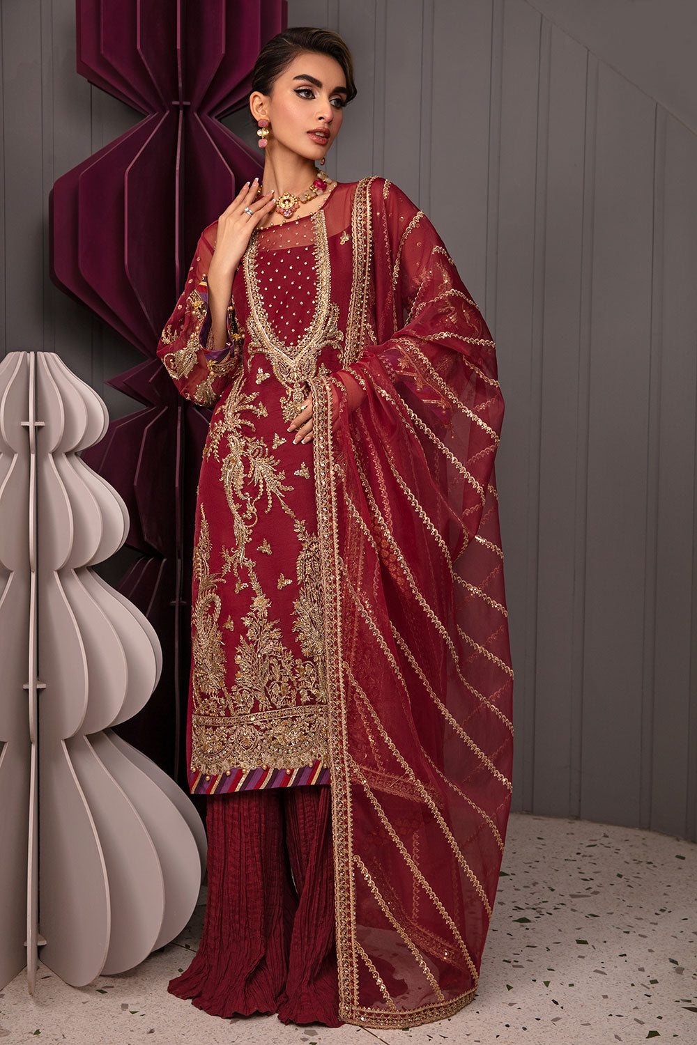 Pakistani Deep Maroon Embroidered Organza Salwar Kameez (3-Piece) - Image 2