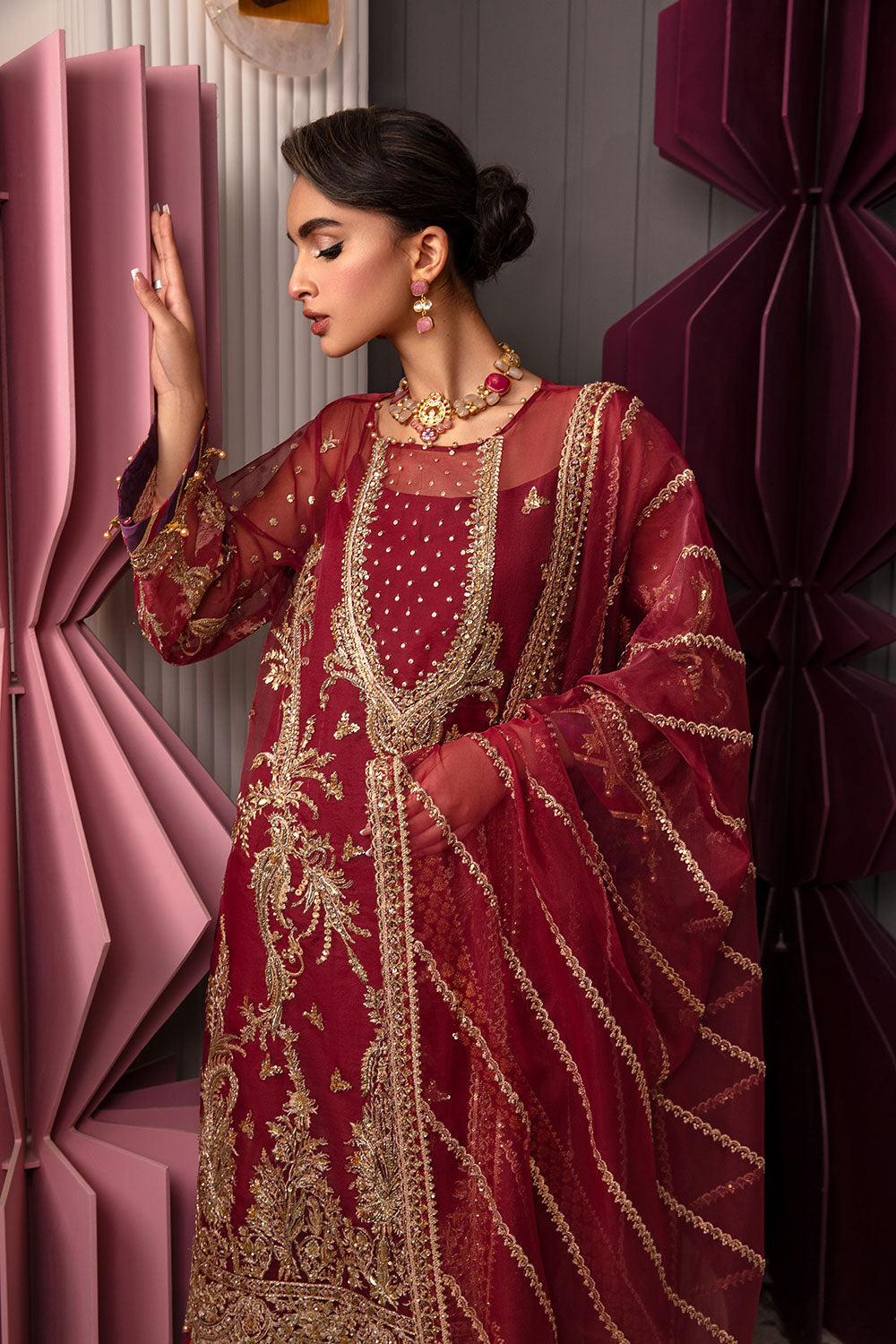 Pakistani Deep Maroon Embroidered Organza Salwar Kameez (3-Piece) - Image 3