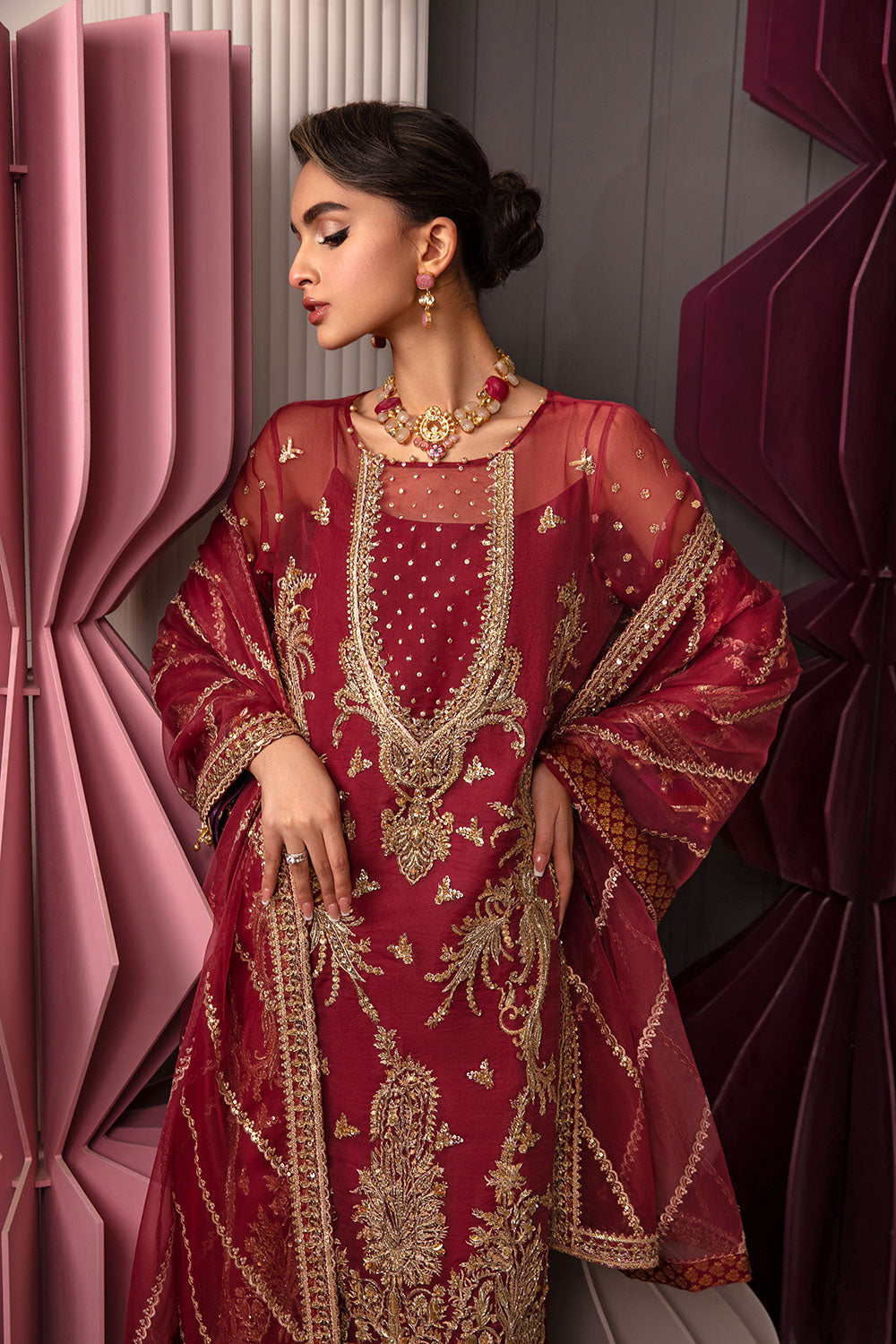 Pakistani Deep Maroon Embroidered Organza Salwar Kameez (3-Piece) - Image 4