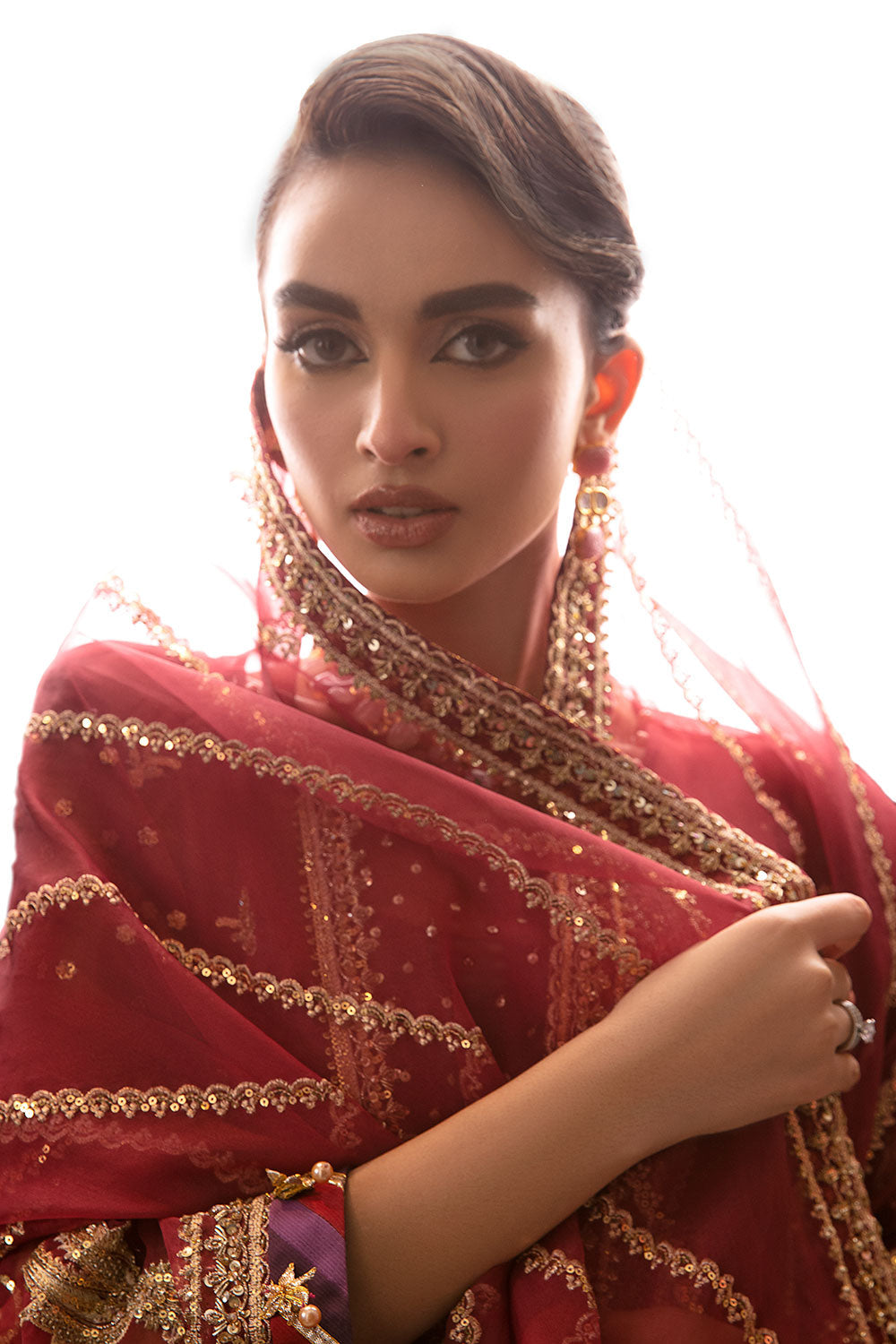 Pakistani Deep Maroon Embroidered Organza Salwar Kameez (3-Piece) - Image 5