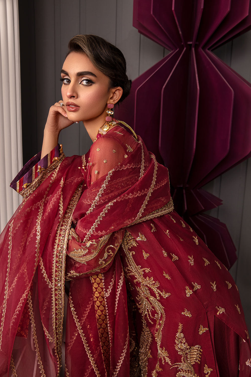 Pakistani Deep Maroon Embroidered Organza Salwar Kameez (3-Piece) - Image 6