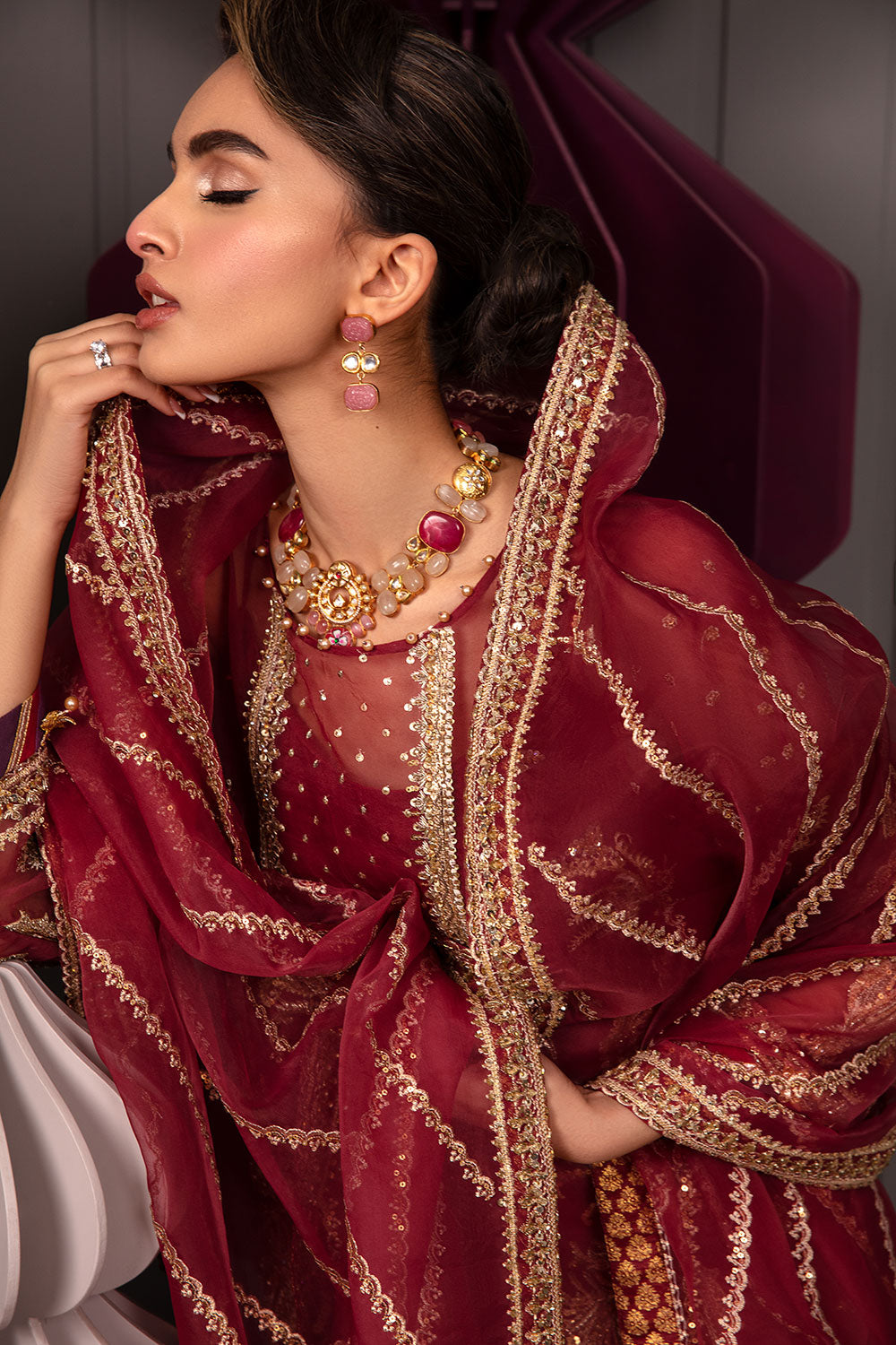 Pakistani Deep Maroon Embroidered Organza Salwar Kameez (3-Piece) - Image 7