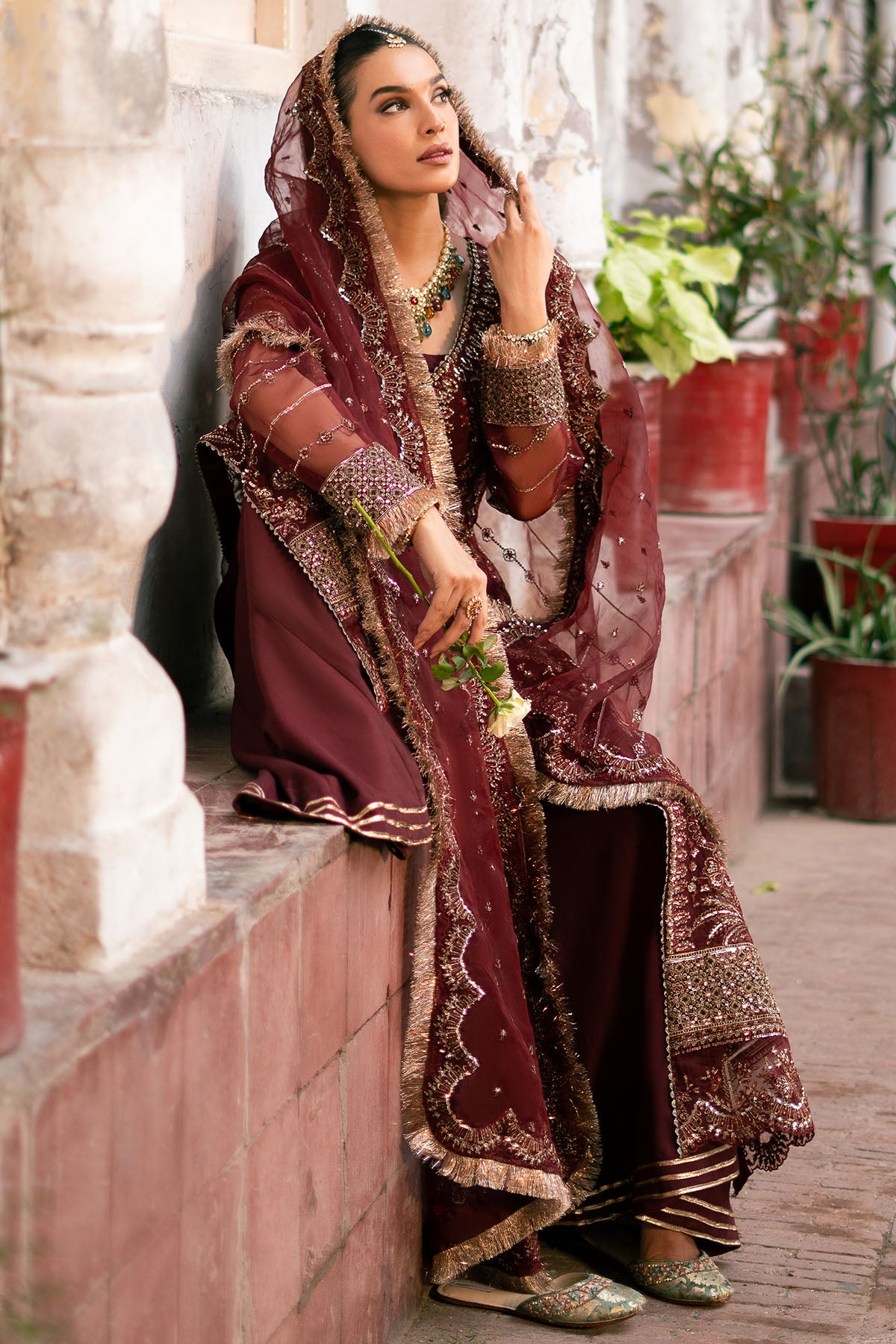 Pakistani Deep Maroon Embroidered Organza Salwar Kameez (3-Piece) - Image 4