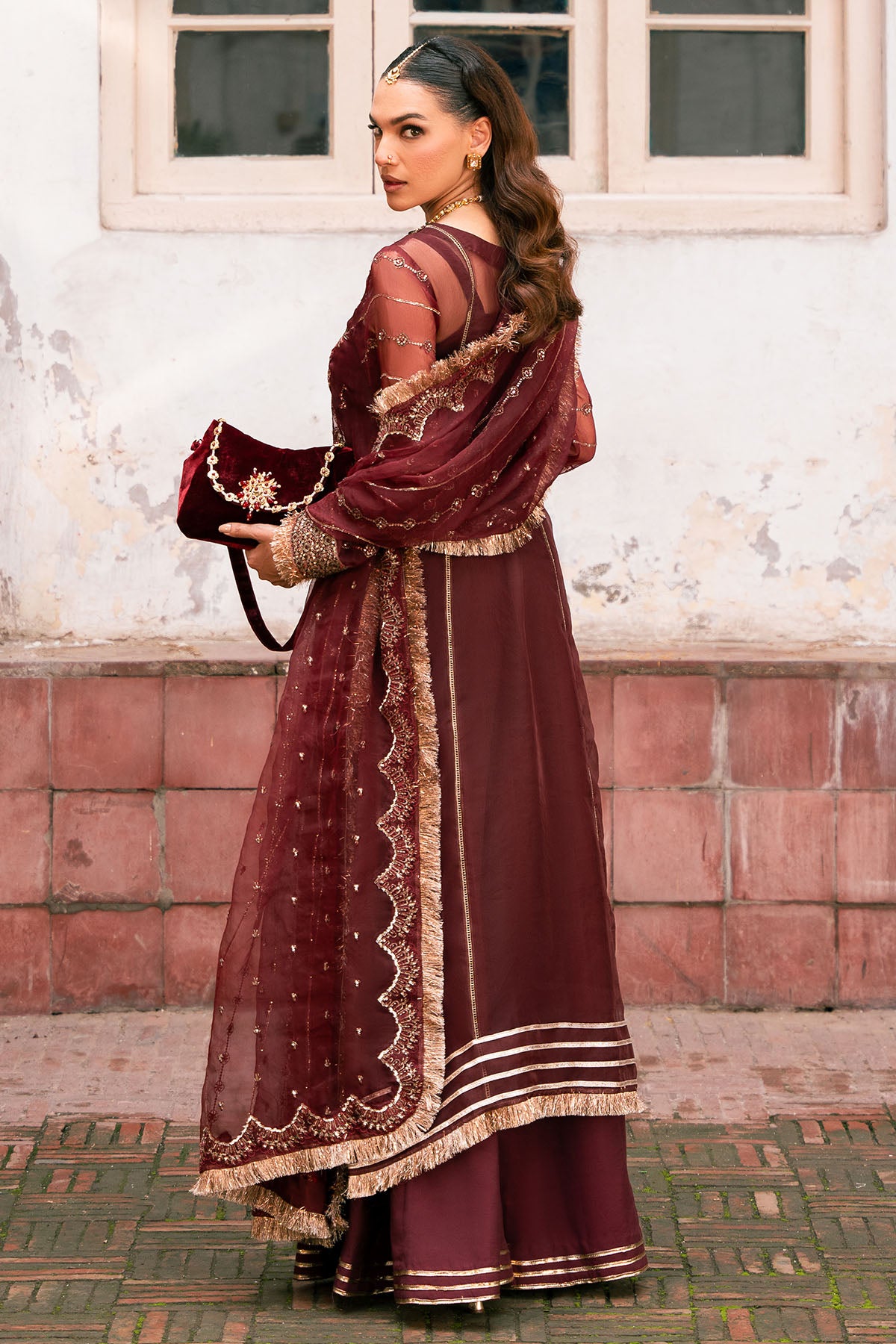 Pakistani Deep Maroon Embroidered Organza Salwar Kameez (3-Piece) - Image 5