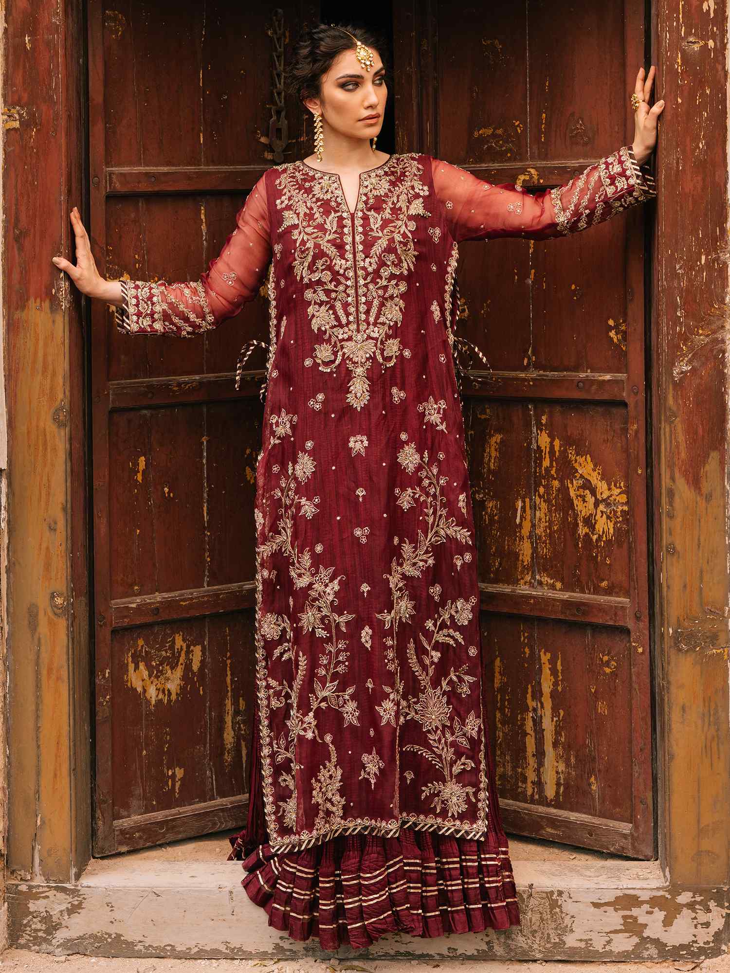Pakistani Maroon Zardozi Organza & Silk Dress (2-Piece) - Image 1