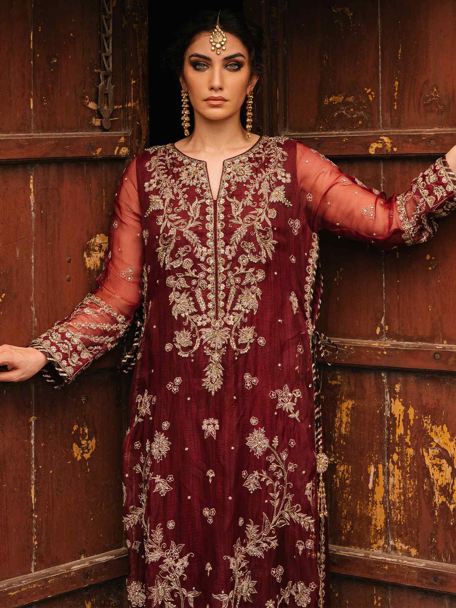 Pakistani Maroon Zardozi Organza & Silk Dress (2-Piece) - Image 2