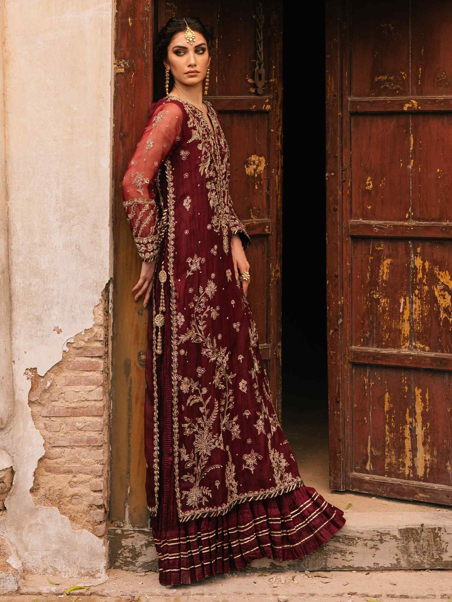 Pakistani Maroon Zardozi Organza & Silk Dress (2-Piece) - Image 3