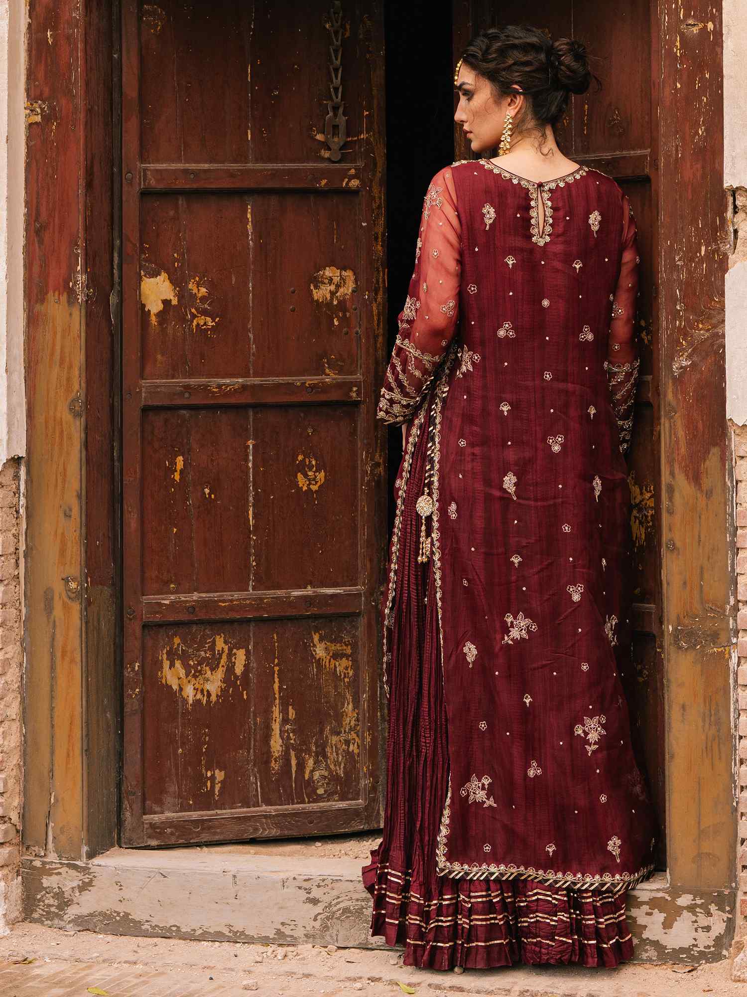 Pakistani Maroon Zardozi Organza & Silk Dress (2-Piece) - Image 4