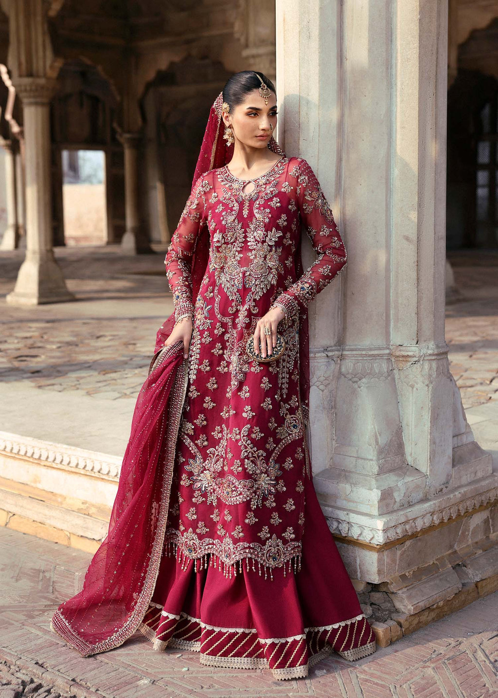 Deep Maroon Hand-Embellished Organza Salwar Kameez (3-Piece) - Image 1