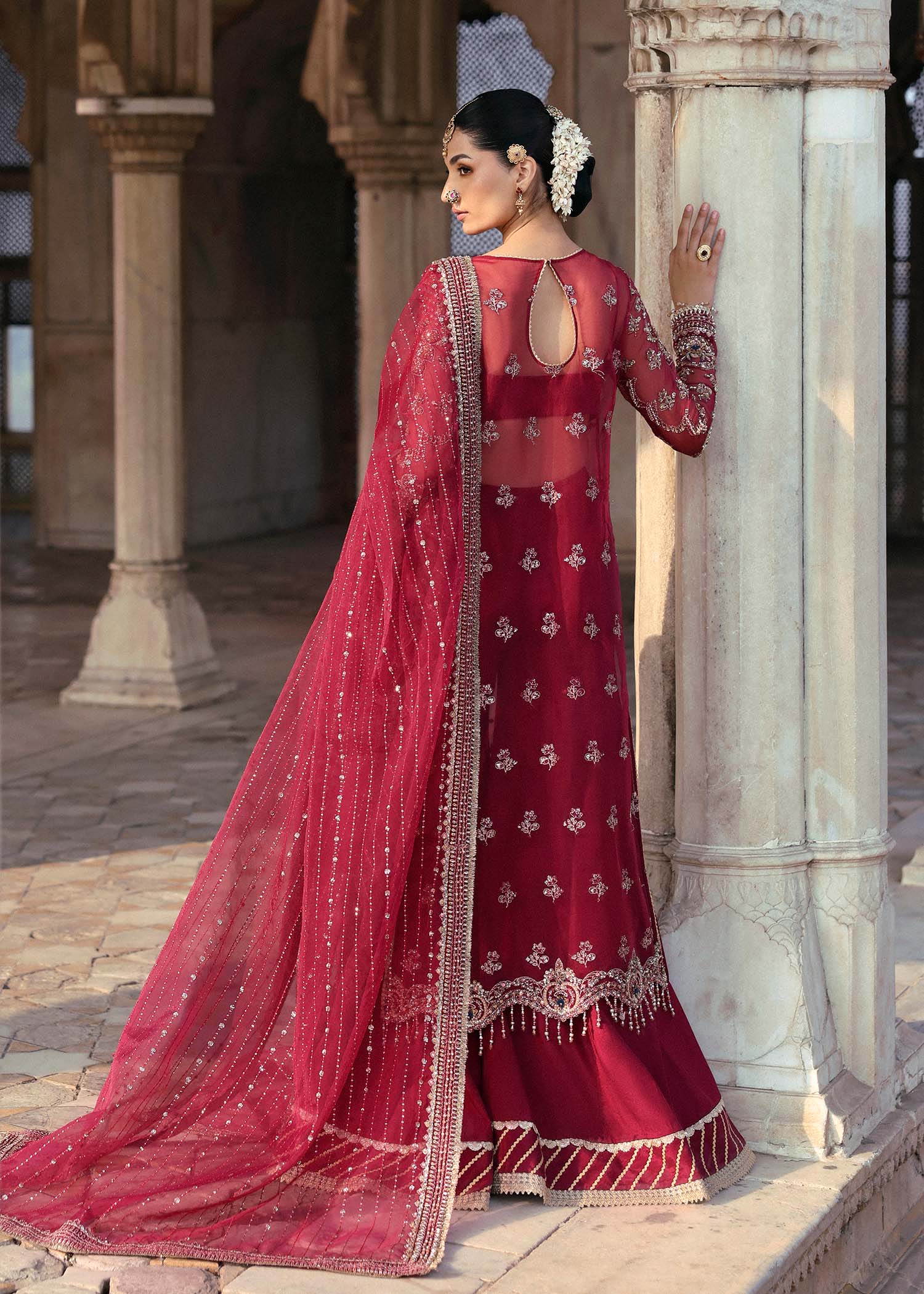 Deep Maroon Hand-Embellished Organza Salwar Kameez (3-Piece) - Image 3