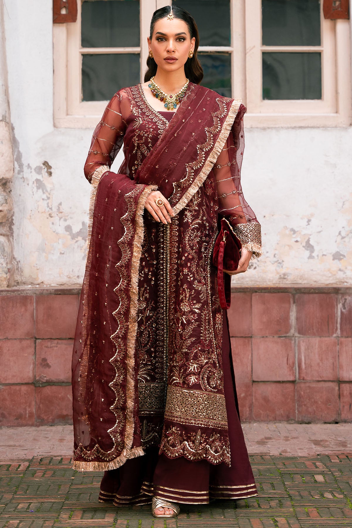 Pakistani Deep Maroon Embroidered Organza Salwar Kameez (3-Piece) - Image 1