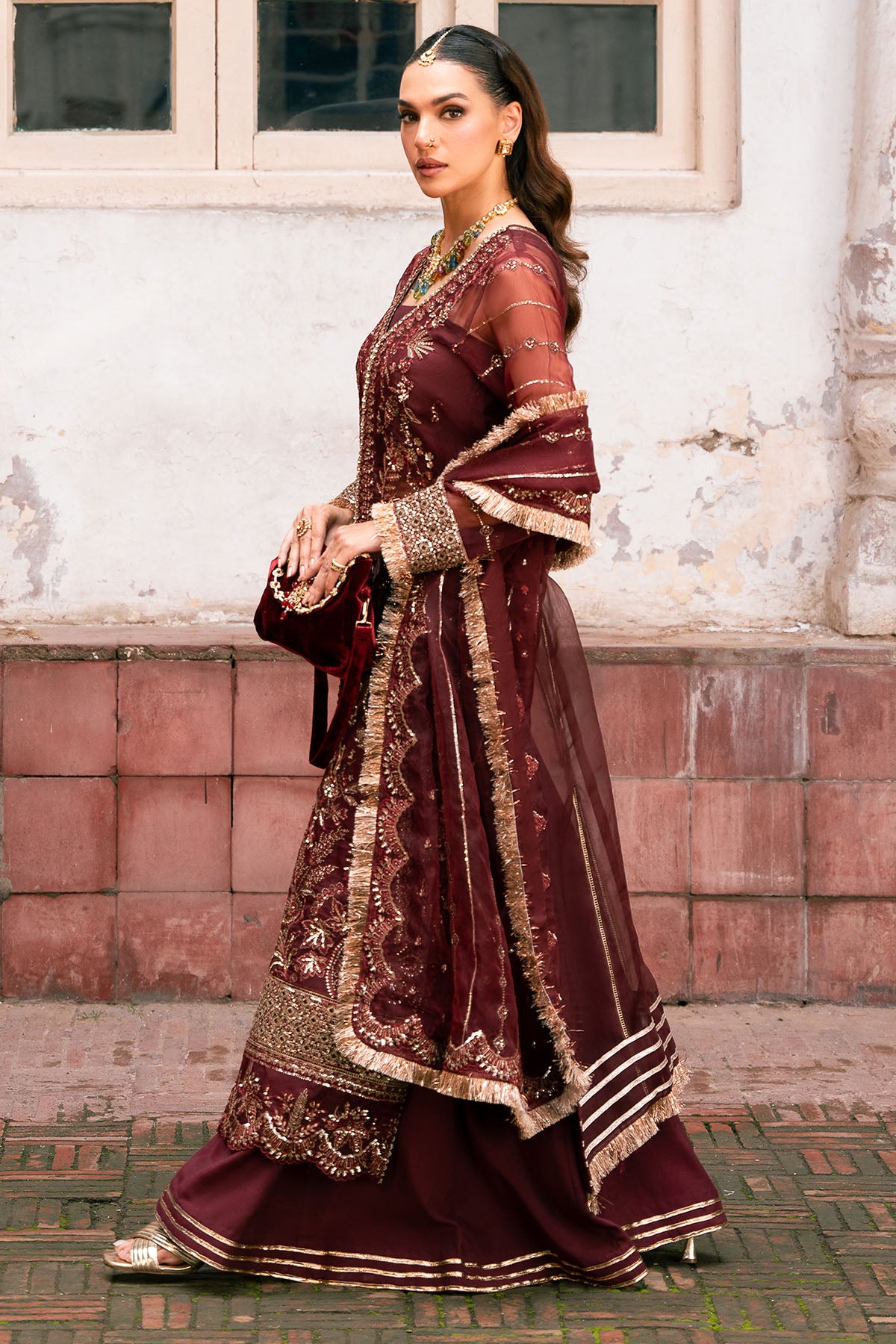 Pakistani Deep Maroon Embroidered Organza Salwar Kameez (3-Piece) - Image 2