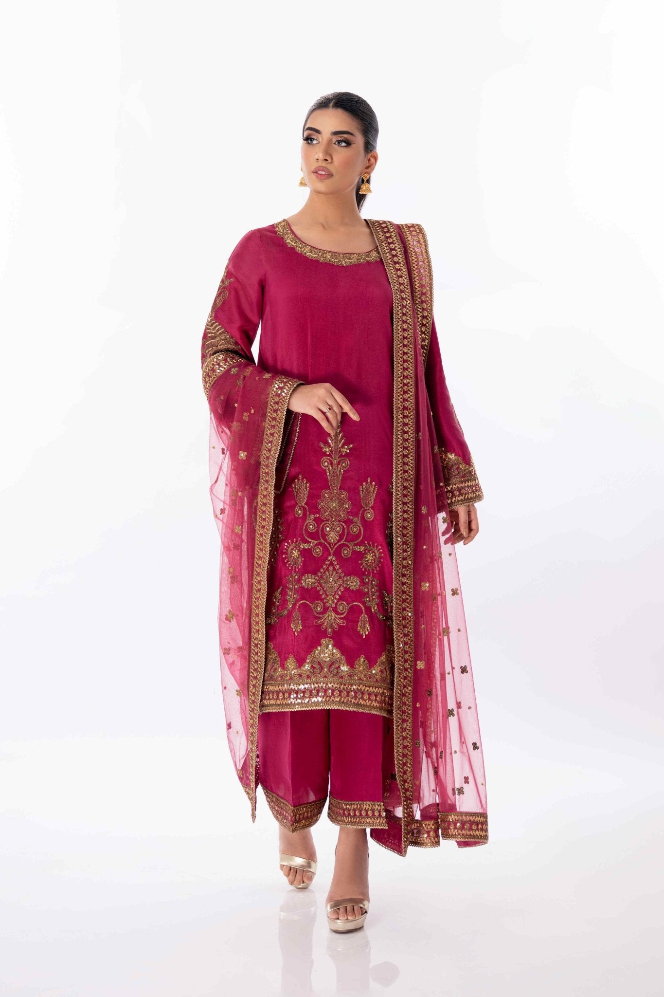 Pakistani Wine Zardozi Embroidered Pure Silk Salwar Kameez (3-Piece) - Image 2