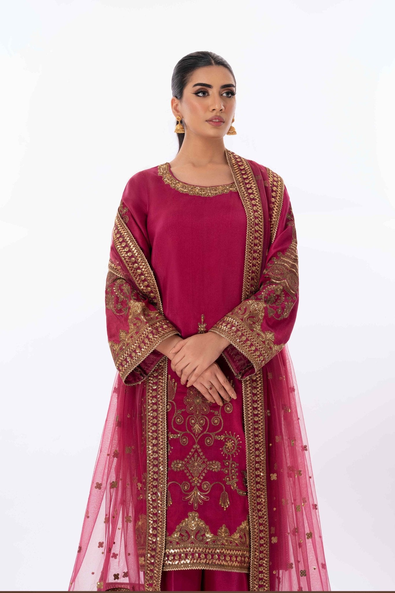 Pakistani Wine Zardozi Embroidered Pure Silk Salwar Kameez (3-Piece) - Image 3