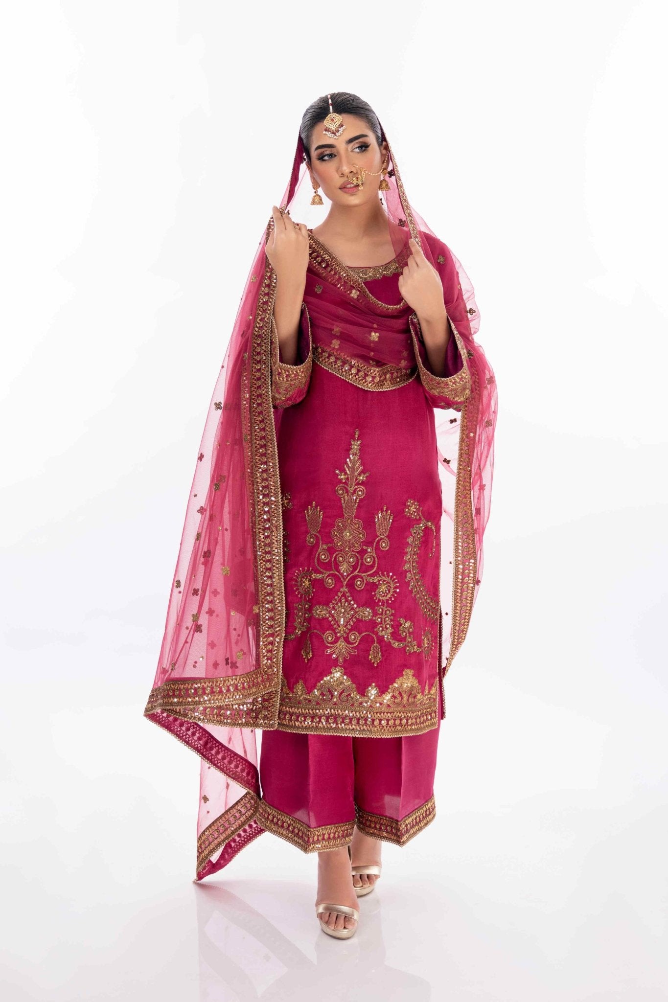 Pakistani Wine Zardozi Embroidered Pure Silk Salwar Kameez (3-Piece) - Image 4