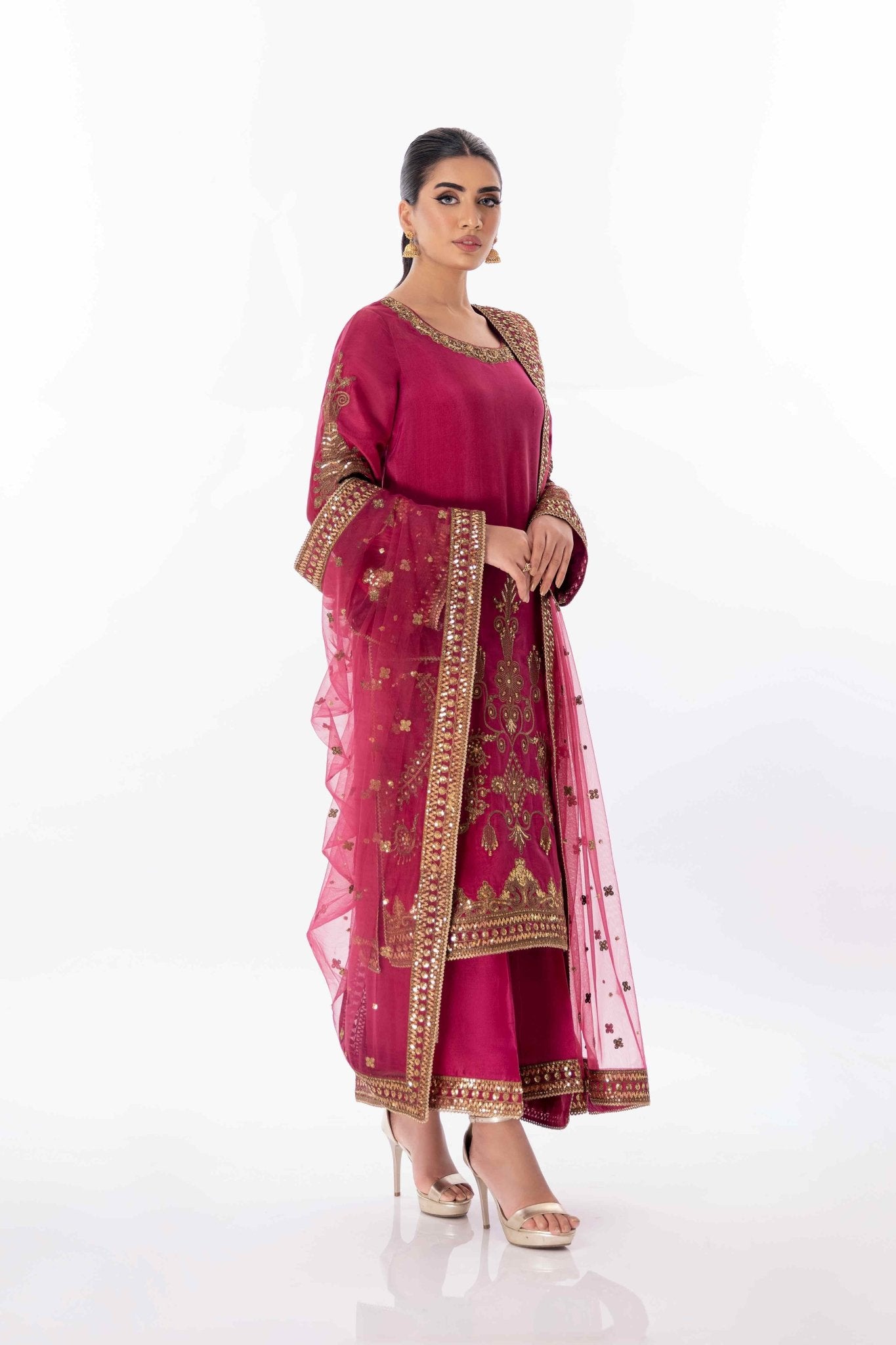 Pakistani Wine Zardozi Embroidered Pure Silk Salwar Kameez (3-Piece) - Image 6