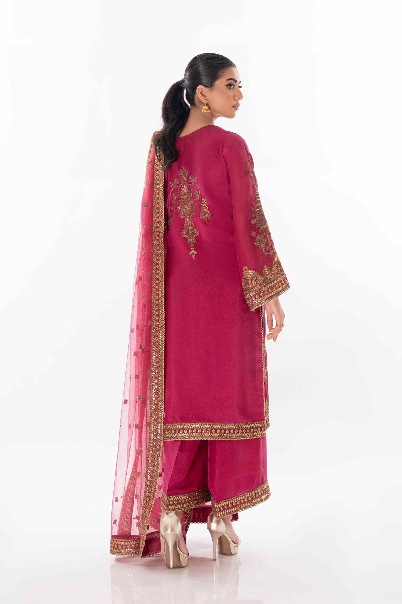 Pakistani Wine Zardozi Embroidered Pure Silk Salwar Kameez (3-Piece) - Image 8