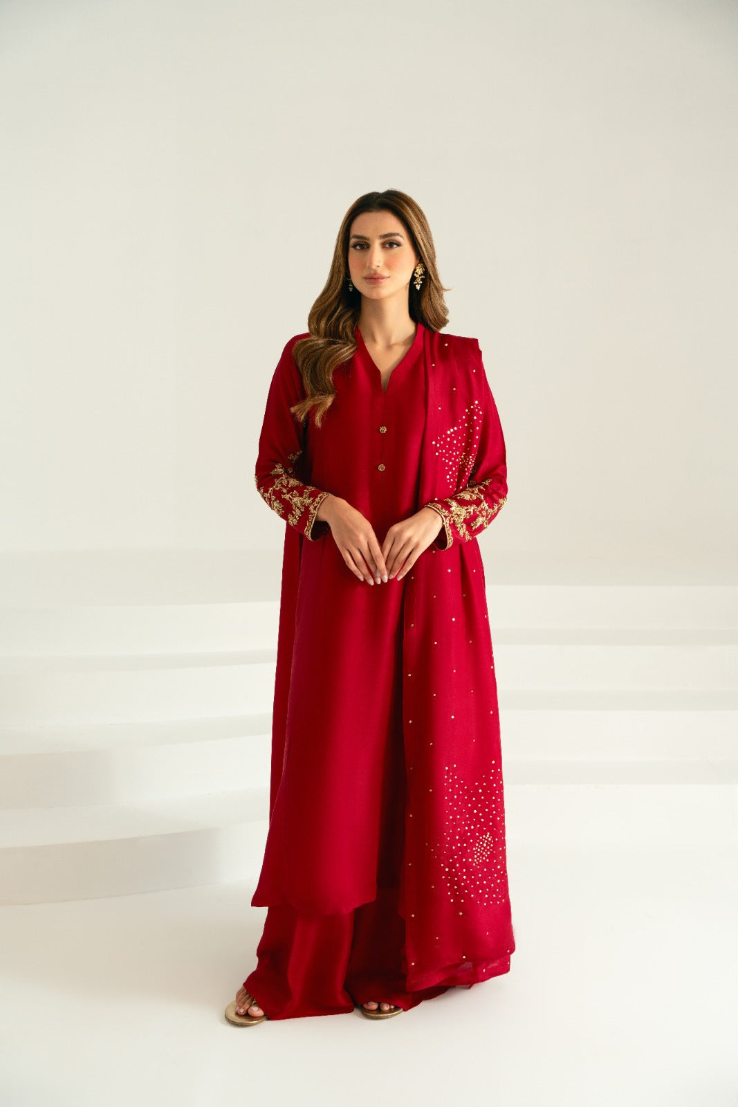Maroon Ada Work Pure Raw Silk Kameez (3-Piece) - Image 1