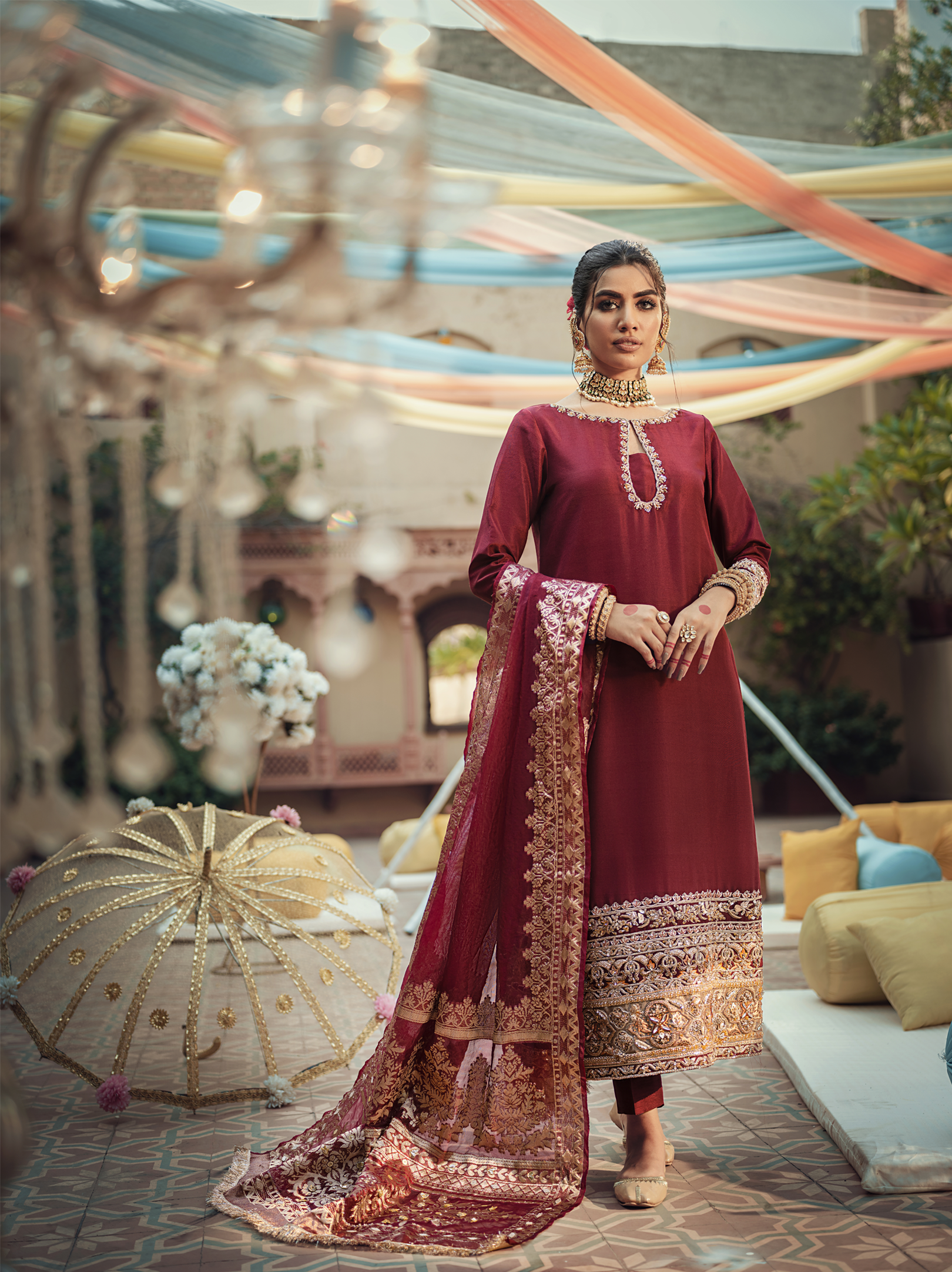 Maroon Embroidered Raw Silk Salwar Kameez (3-Piece) - Image 1
