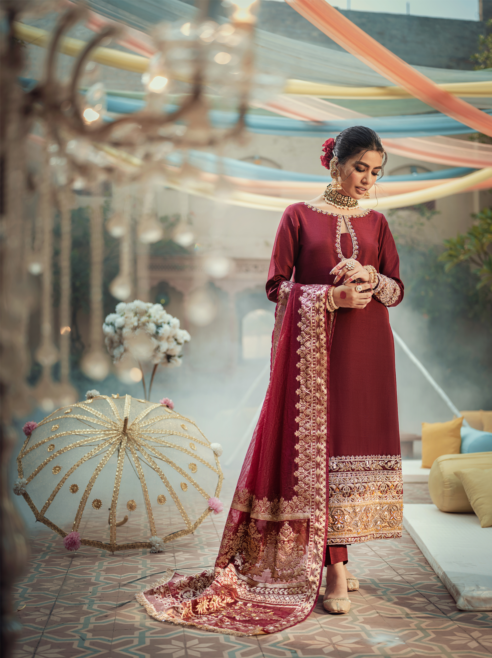 Maroon Embroidered Raw Silk Salwar Kameez (3-Piece) - Image 2