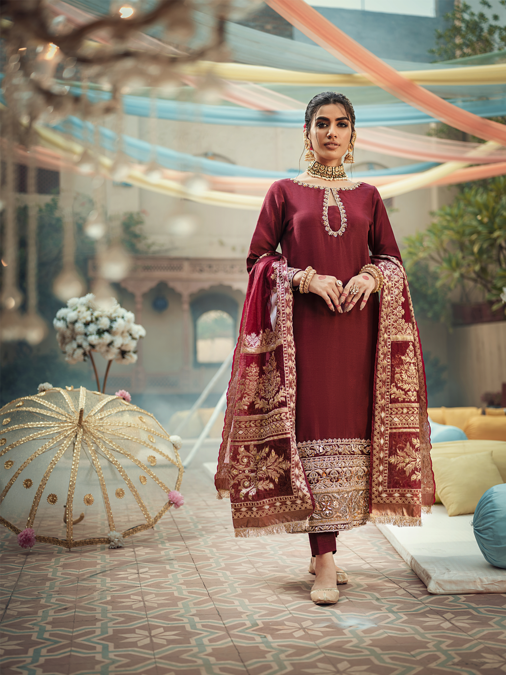 Maroon Embroidered Raw Silk Salwar Kameez (3-Piece) - Image 3