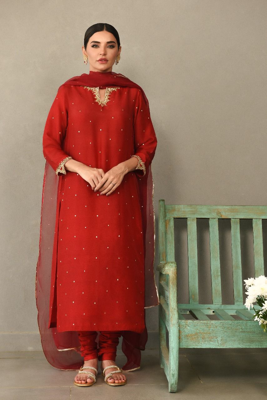 Pakistani Deep Pomegranate Hand-Embellished Raw Silk Kameez (3-Piece) - Image 1