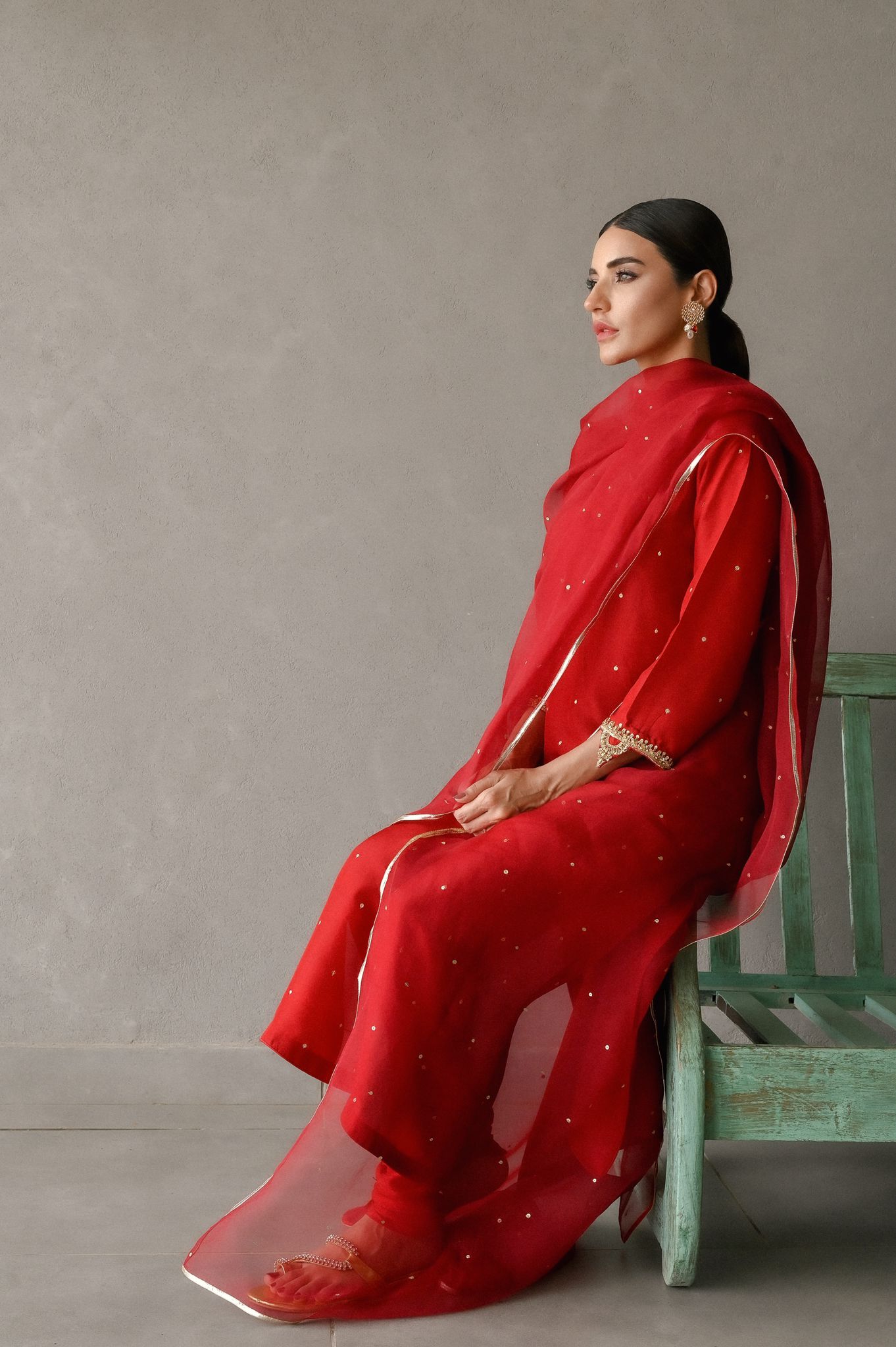 Pakistani Deep Pomegranate Hand-Embellished Raw Silk Kameez (3-Piece) - Image 2