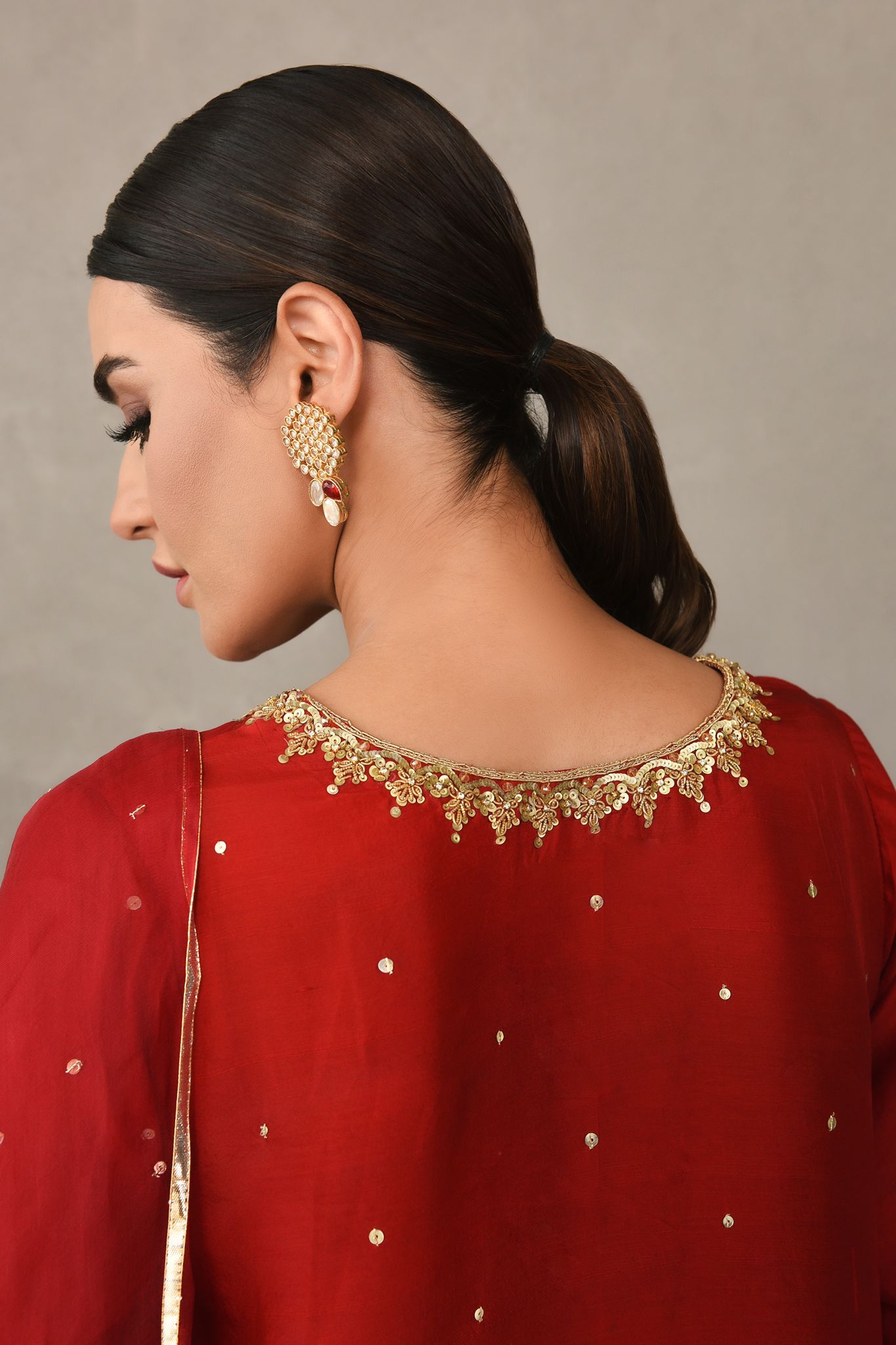 Pakistani Deep Pomegranate Hand-Embellished Raw Silk Kameez (3-Piece) - Image 3