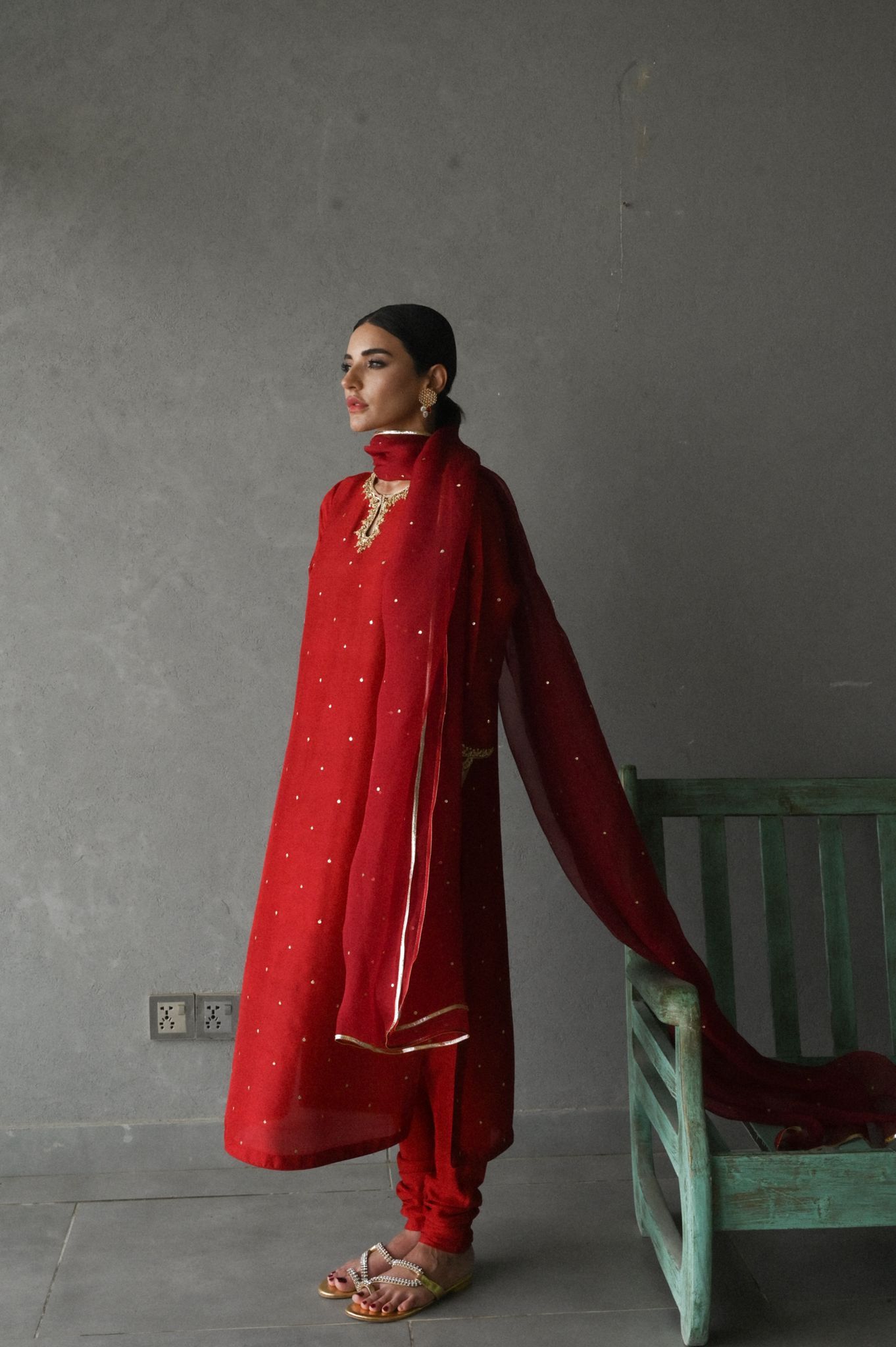 Pakistani Deep Pomegranate Hand-Embellished Raw Silk Kameez (3-Piece) - Image 4