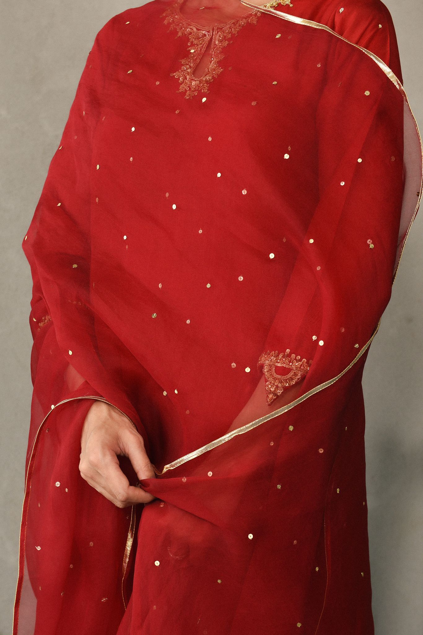 Pakistani Deep Pomegranate Hand-Embellished Raw Silk Kameez (3-Piece) - Image 5