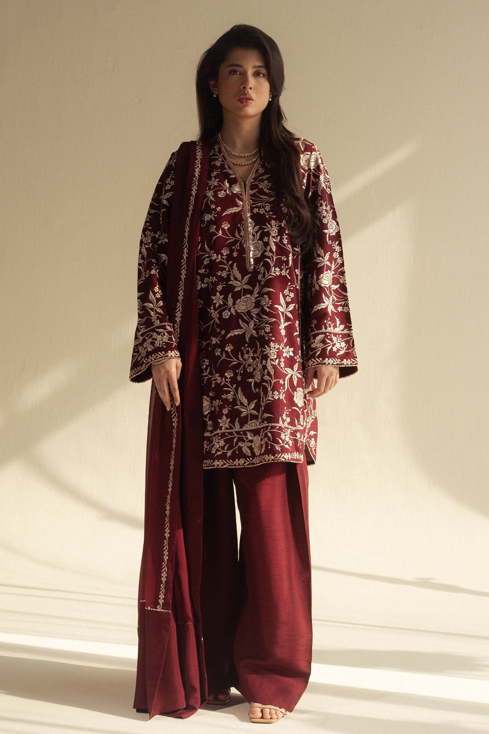 Deep Maroon Gara Embroidered Raw Silk Farshi Shalwar (3-Piece) - Image 1
