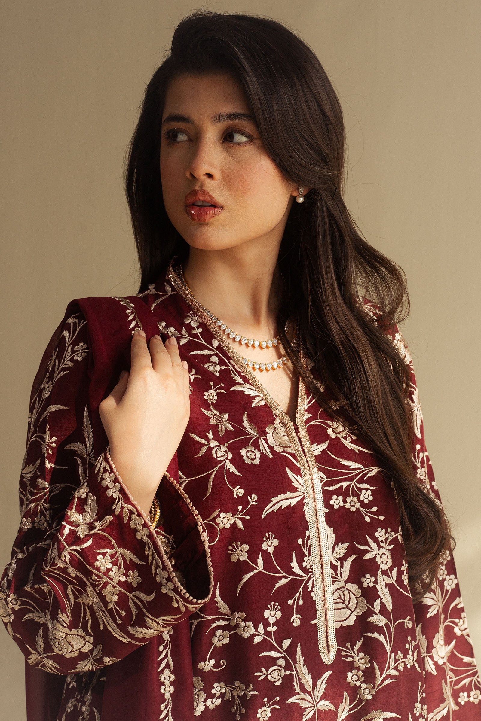 Deep Maroon Gara Embroidered Raw Silk Farshi Shalwar (3-Piece) - Image 2