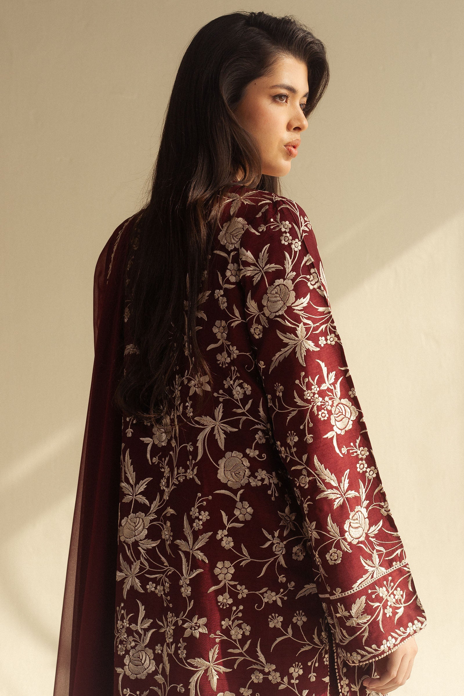Deep Maroon Gara Embroidered Raw Silk Farshi Shalwar (3-Piece) - Image 4